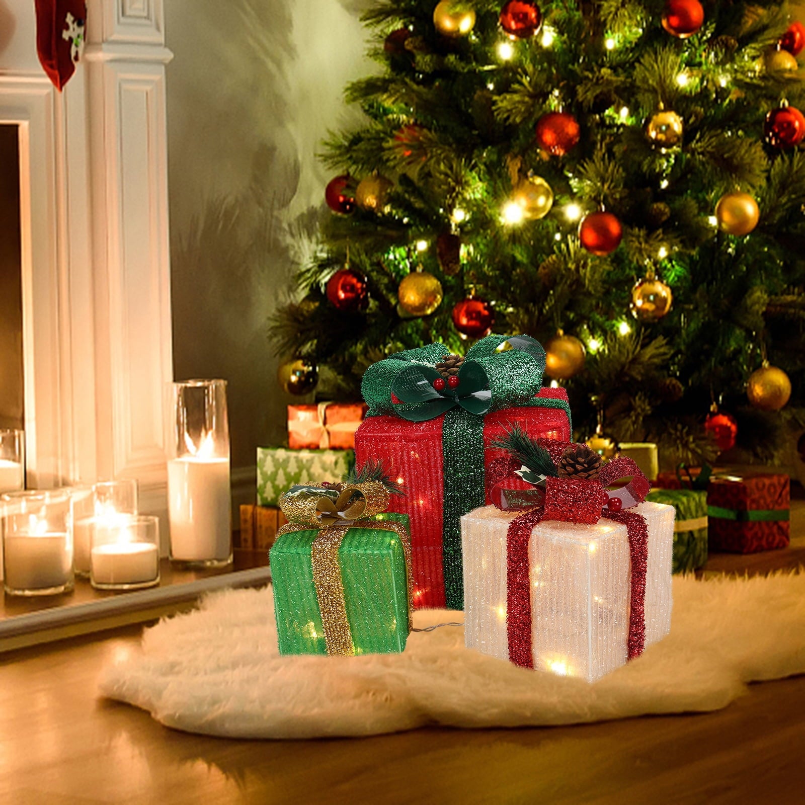 Zimtown 3 Set Lighted Gift Boxes Christmas Decorations Gift Boxes Christmas LED60 Light for Indoor Outdoor Decor