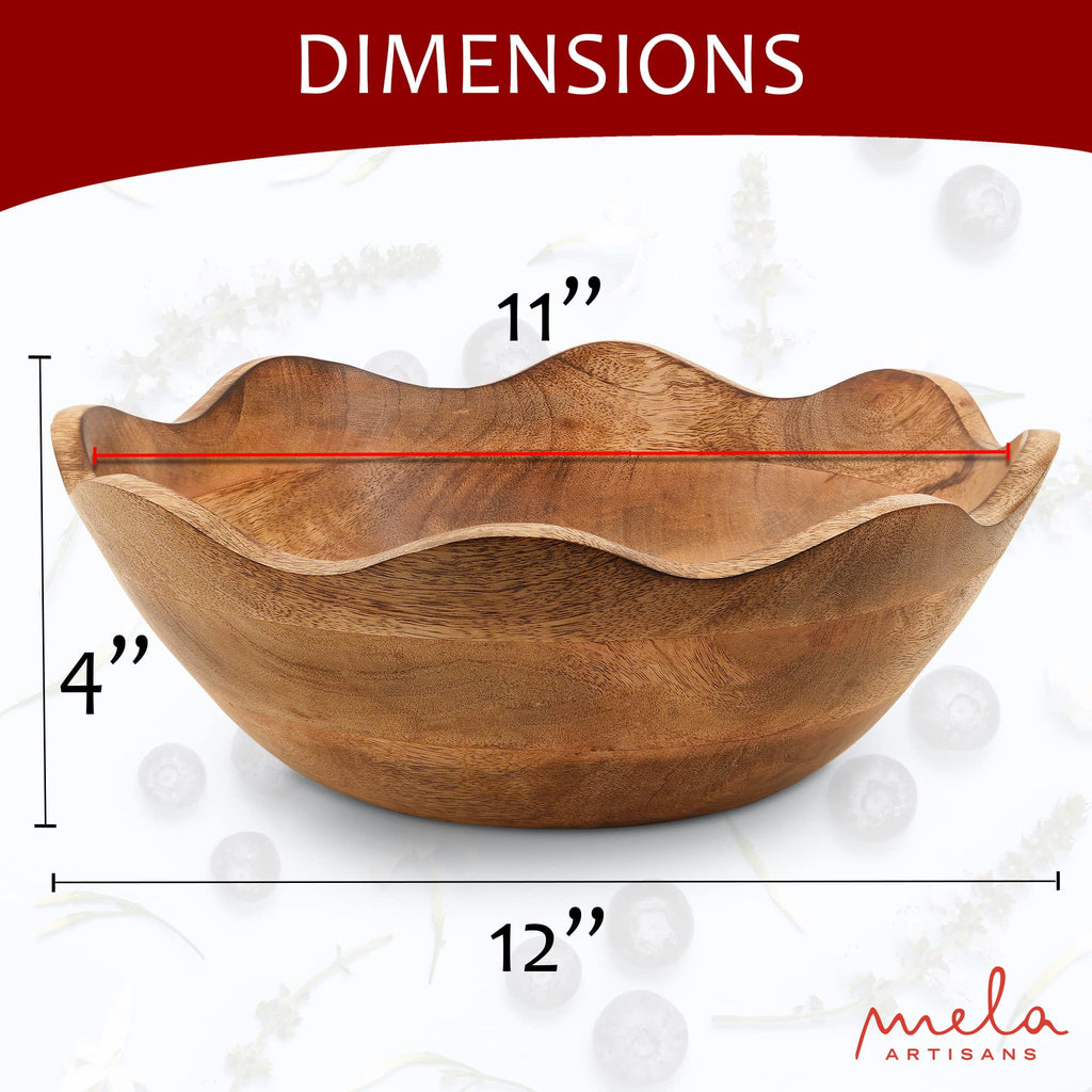 Mela Artisans Wooden Scalloped Bowl, Rustic Ruffle Decorative Bowl, Brown, Large