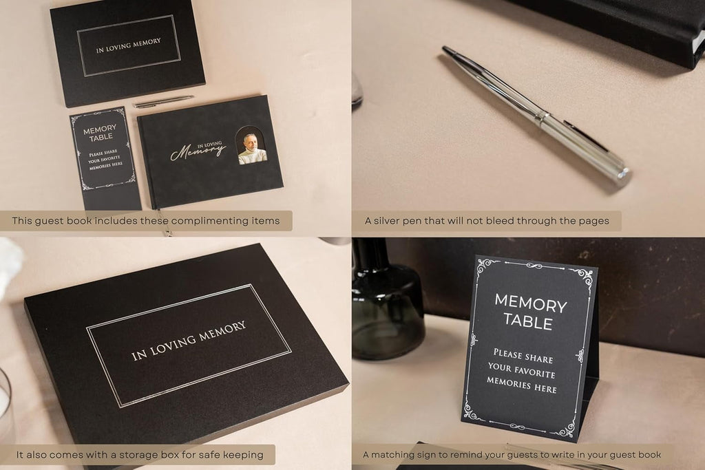 In Loving Memory Embossed Guest Book with Arched Photo Slot - Charcoal Black Leatherette PU Guestbook for Funeral Memorial