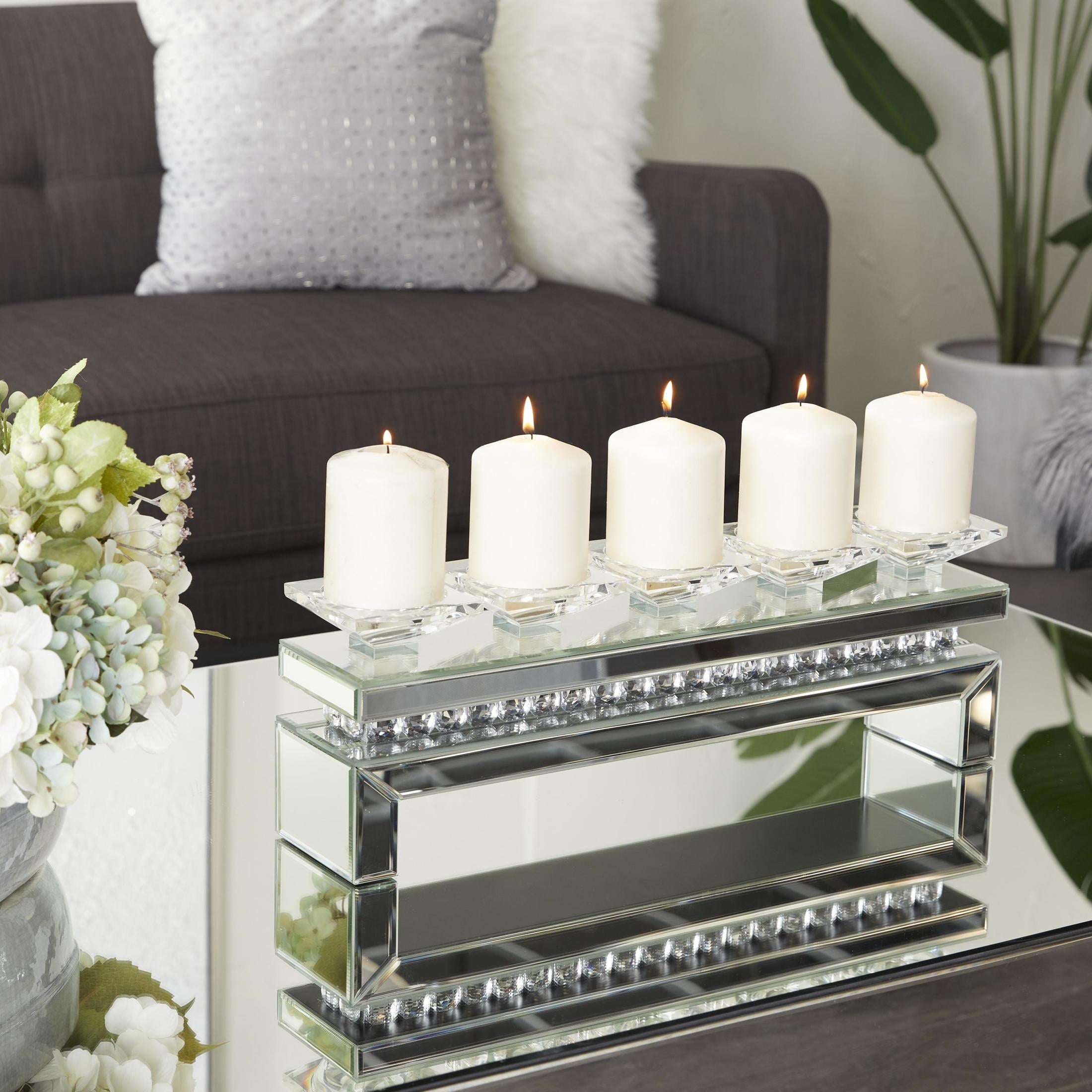 DecMode 5 Holder Silver Wood Pillar Candelabra with Mirrored Accents