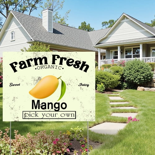 ZXCXRQFa Mango Yard Sign With Stake, Farm Fresh Organic Sweet Juicy Mango Fruit Pick Your Own Sign for Lawn Yard Farm 9 x 12 Inches Sturdy Rust Free Weatherproof Outdoor Use,Easy to Install
