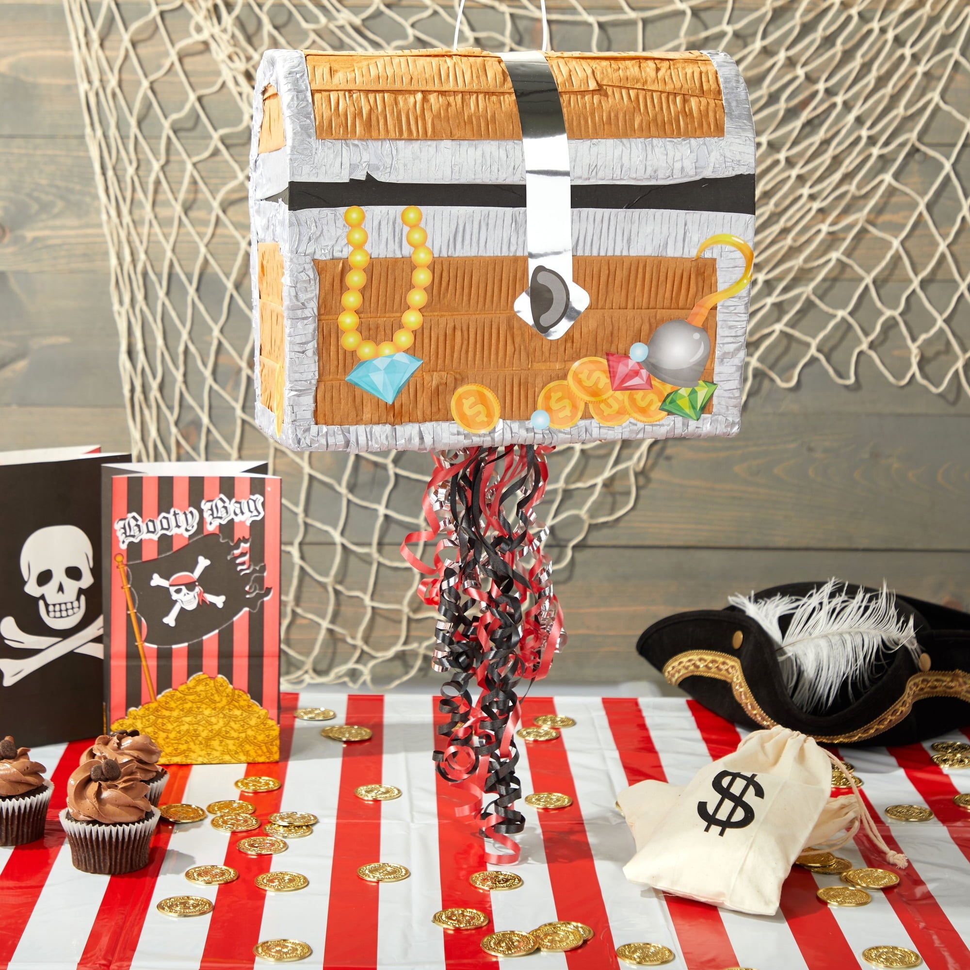 Treasure Chest Pinata - Pull String Pirate Themed Pinata, Under the Sea, Adventure Themed Party Decorations (Small, 12 x 6.5 x 10 In), For Ages 3+