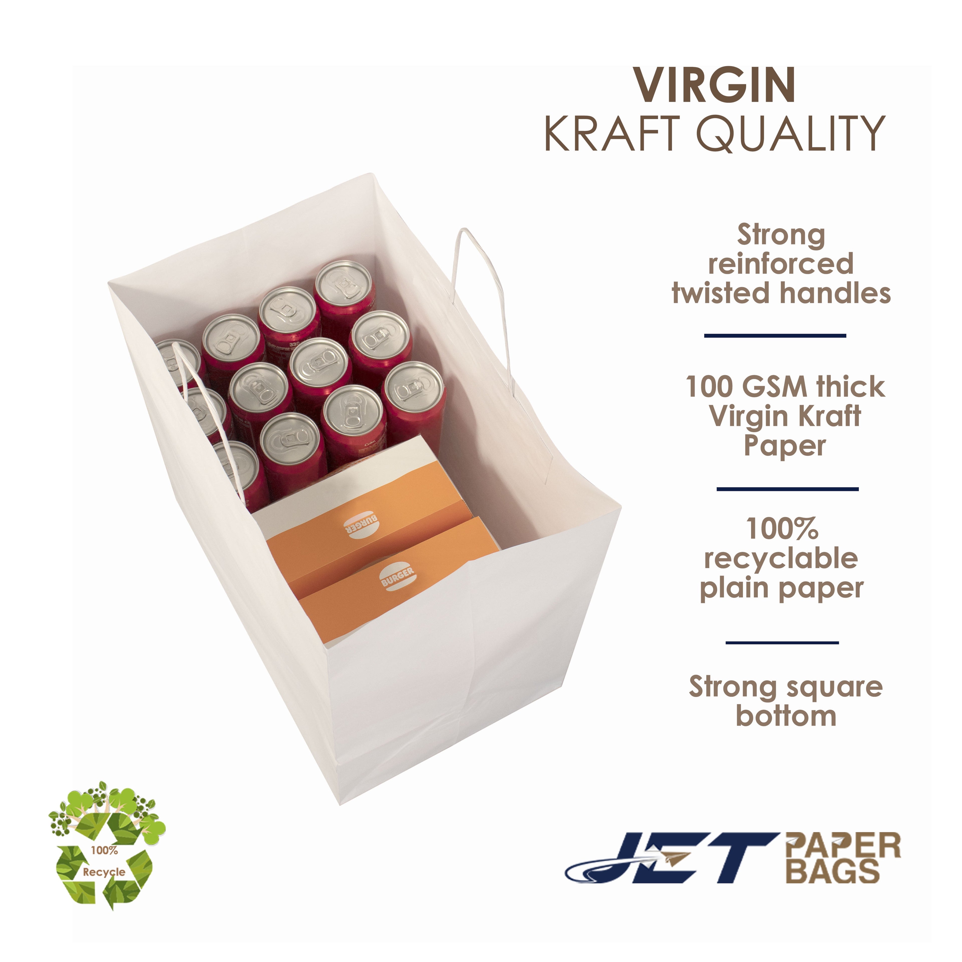 Jet Paper Bags [50 PCS] 15" x 10" x 15.75"H WHITE Virgin Kraft Paper Shopping Bag with Twisted Handles for Gift, Cargo Bags, Large Bags, Wedding, Party Favor, Thank You and More -Juna
