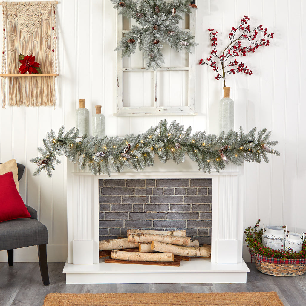 Nearly Natural Prelit Frosted Pine LED Battery Operated Garland, with Pinecones 72" (White)