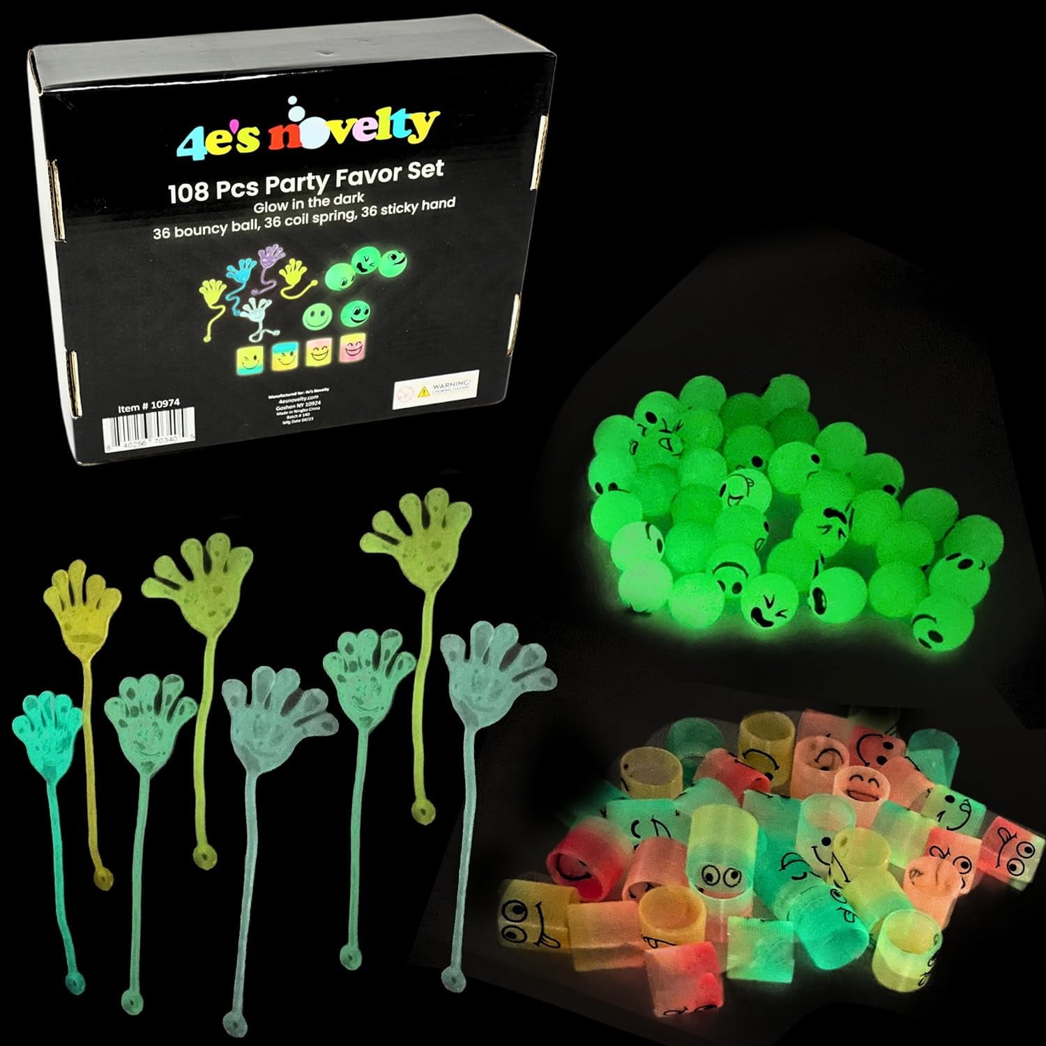 4E’s Novelty 108 pcs Glow in the Dark Toys - Bouncy Balls, Sticky Hands & Springs