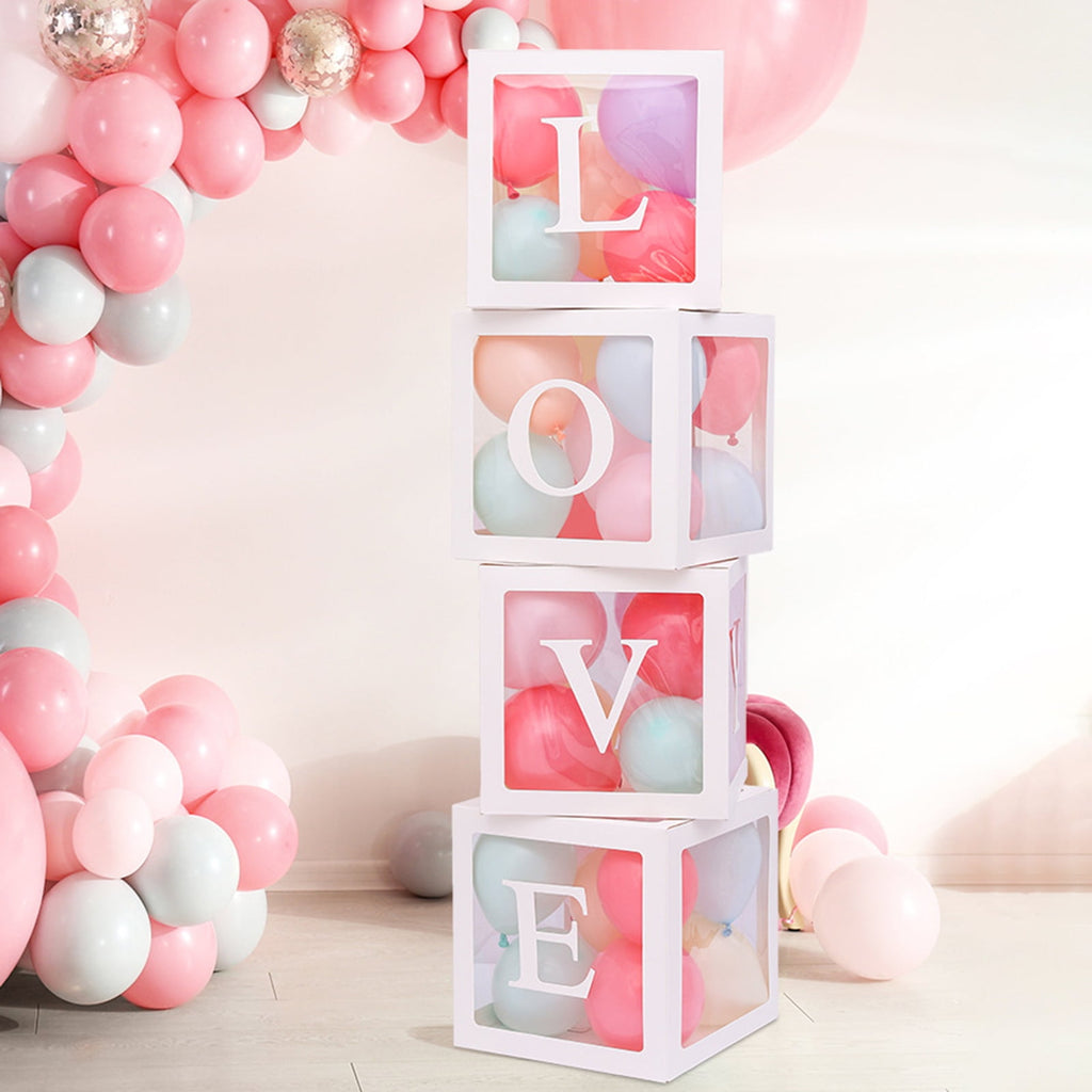 tasrioml 4 Pcs Balloon Box DIY Assembly Transparent Paper Box Balloon Box with Letters Reusable Stackable Cube Decorative Box for Party Wedding Birthday