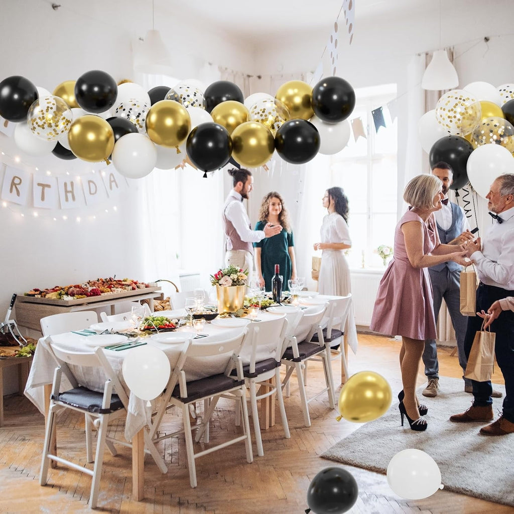 130pcs Black Gold And White Balloons With 12inch Metallic Gold And Black Confetti Balloons For Class Of Graduation, 30th 40th 50th Birthday Party Decoration (with 2 Ribbons)