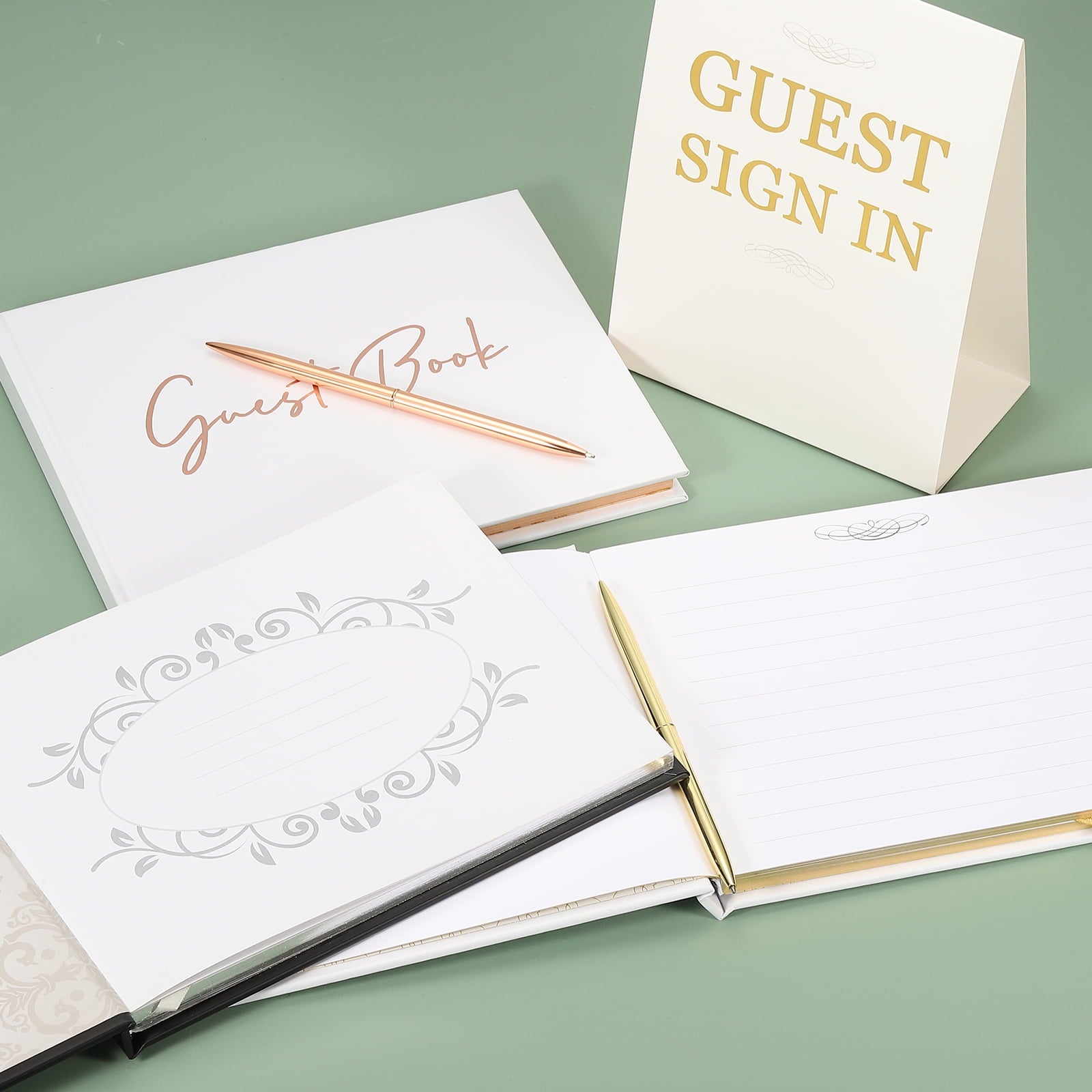 Uxcell Guest Book, 100 Pages Wedding Guest Reception Signature Book Party Decorations Supplies with Pen Signboard for Birthday Bridal Shower, Gold