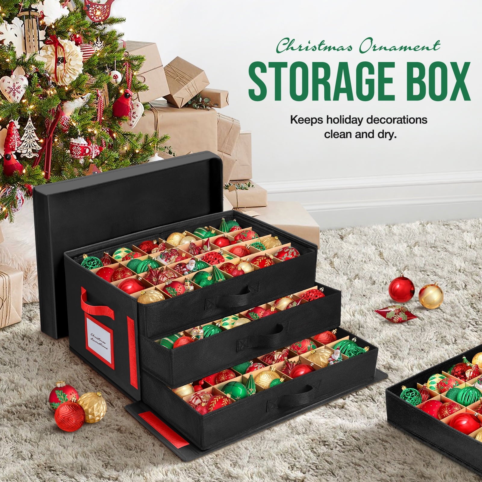 Ayieyill Premium Large Christmas Ornament Storage Box, Christmas Ornament Organizer, with Side Open, 3 Removable Trays - Keeps 72 Holiday Ornaments, Black