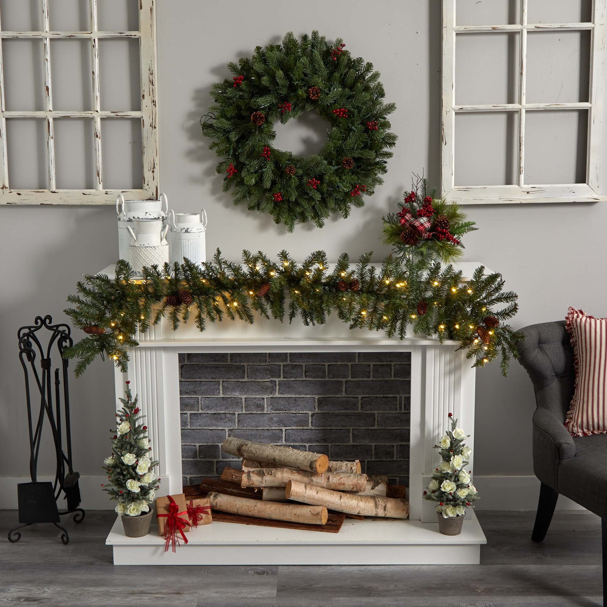Nearly Natural 6' Mixed Alaskan Pines and Pinecones Artificial Christmas Garland 50 Warm White LED Lights