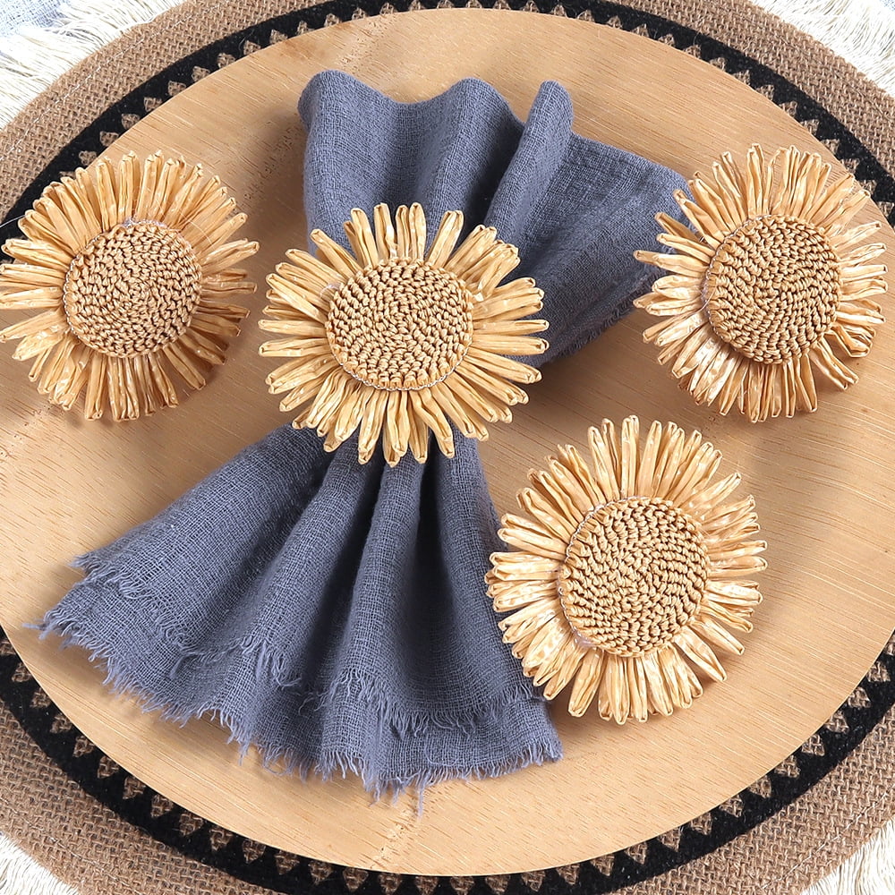 Yoyauz Woven Sunflower Napkin Rings Set of 12, Handmade Faux Yellow Daisy Napkin Ring, Braided Cotton Thread Serviette Buckles Holder for Dinner Table, Wedding, Family Gathering (Sunflower）