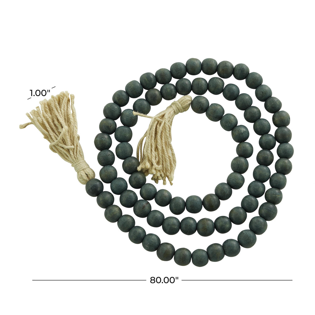 DecMode Green Wood Bohemian Garland Décor with Geometric Bead Details and Cream Cotton Tassel, 81"L