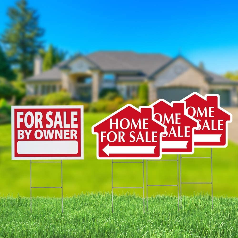 Home for Sale by Owner Yard Sign Combo Kit - Includes Directional Home for Sale Signage, & Heavy Duty Yard Stakes (for Sale by Owner Kit, with 3 House Shaped Directional Signs)