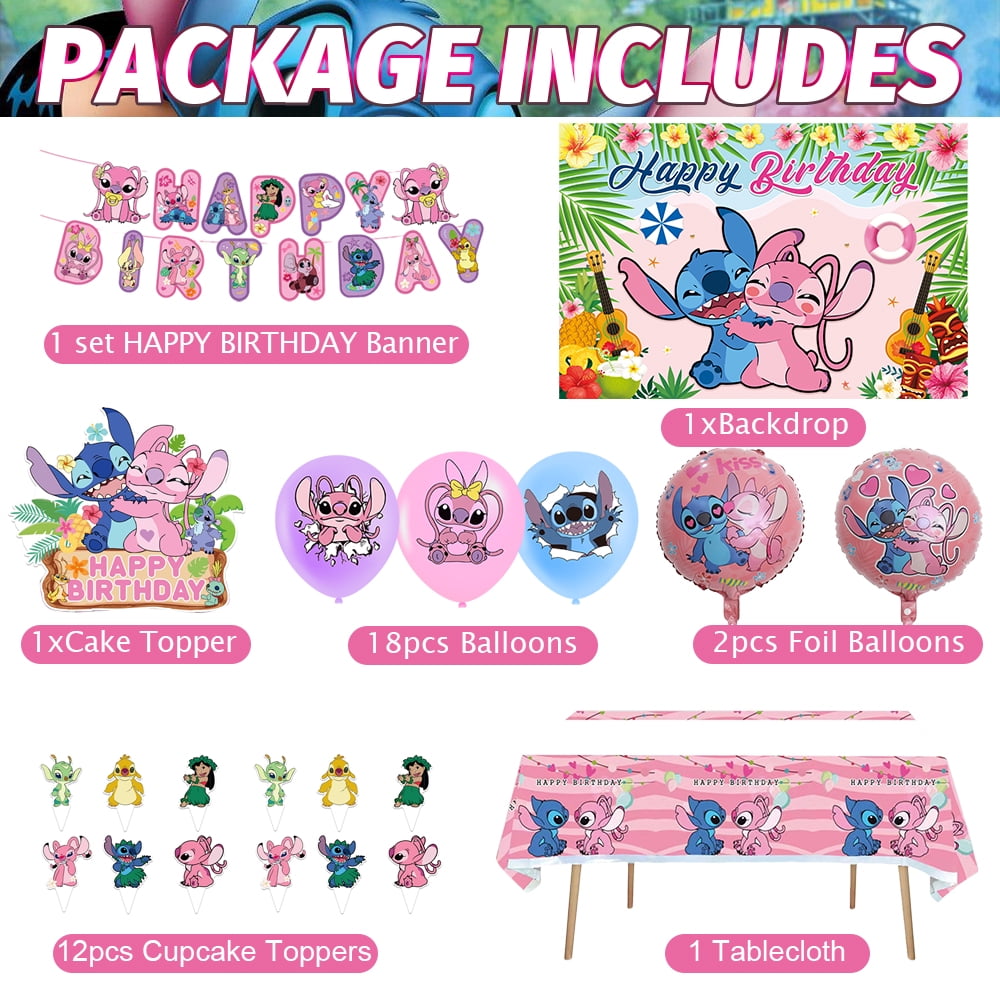 Pink Birthday Decorations Birthday Banner,Backdrop,Balloons,Cake Topper,Cupcake Toppers,Hanging Swirls,Tablecloth for Lilo Birthday Party Decorations Party Supplies