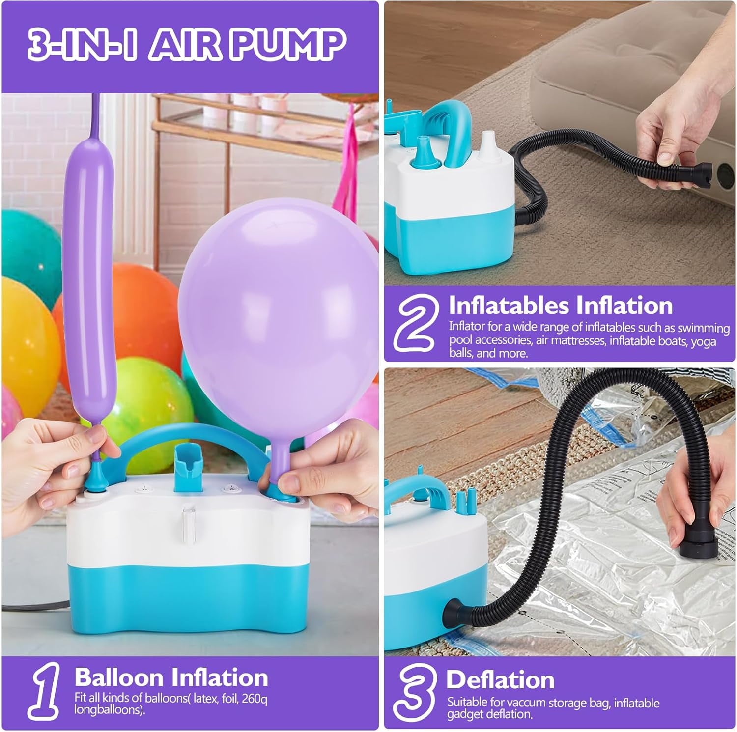 AGPTEK Balloon Pump Electric 3-in-1 Portable Air Pump Electric Air Balloon Pump 600W for 260q Foil Mylar Latex Double-Stuffed Balloons, Inflator Deflator for Pool Floats Air Bed Compression Bag