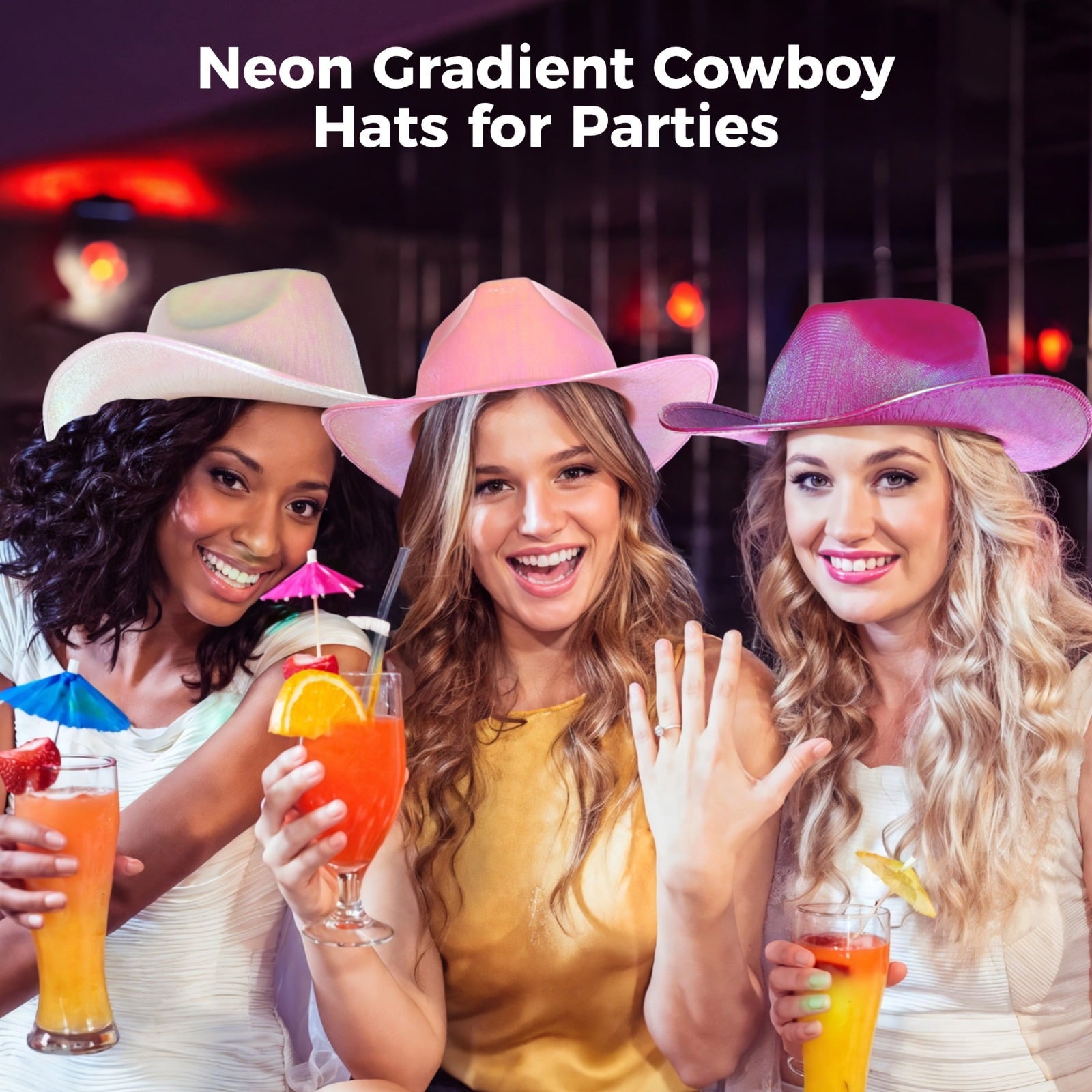 12 PCS Neon Gradient Cowboy Hats for Women, Light-Up Fluorescent Wide Brim Hats, Pearl Shiny Finish, Adjustable String, Party and Event Costume Accessory