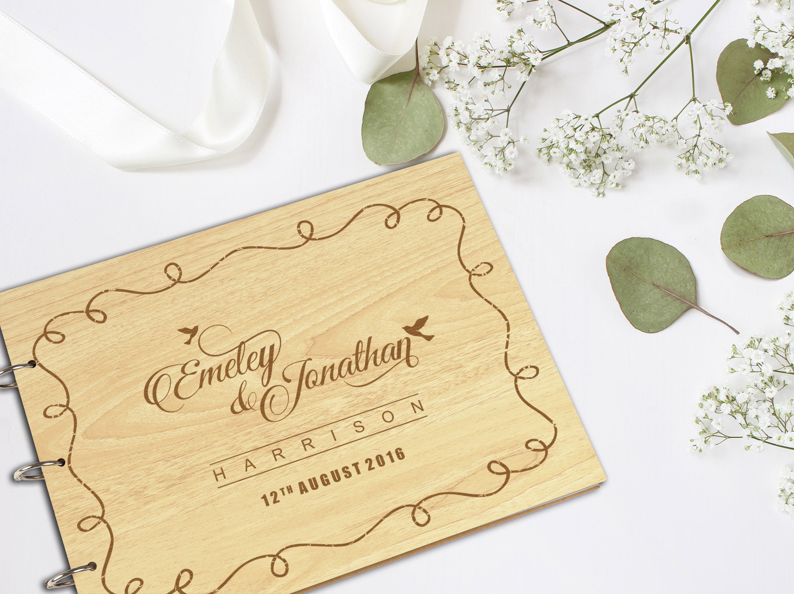 Darling Souvenir Personalized Engraved Laser Cut Wedding Guest Book Wooden Cover Sign-in Book Registry Guestbook Scrapbook-WG