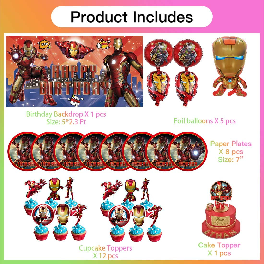 Iron Man Party Supplies Decor Tableware Backdrop Banner Cake Topper Balloons Birthday Decorations