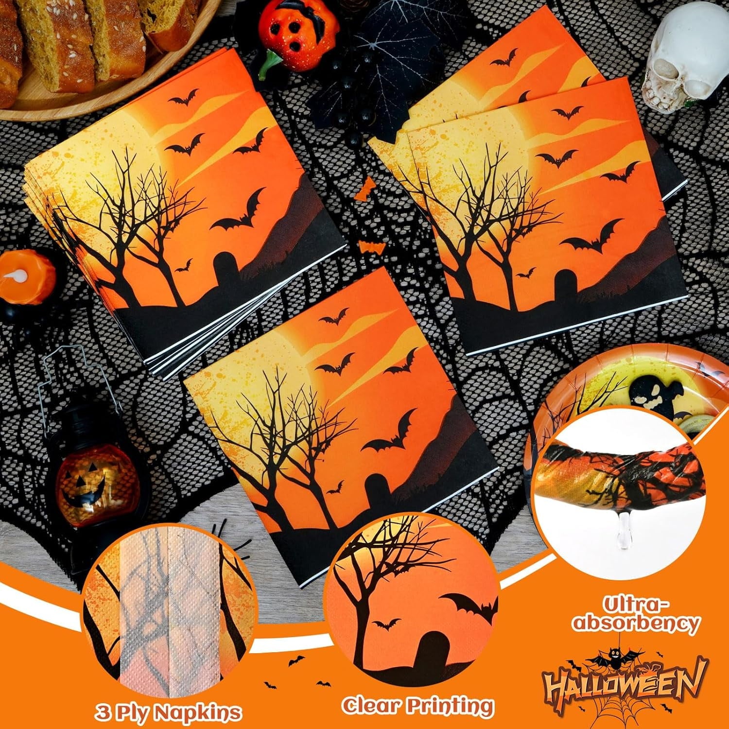 Waipfaru 200 PCS Halloween Party Supplies Paper Plates and Napkins Orange Pumpkin Disposable Tableware for Party Decoration