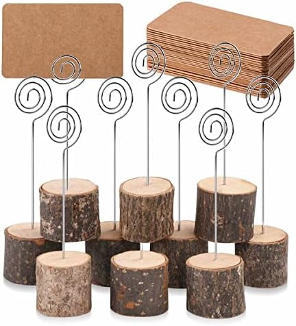 10Pcs Premium Wood Place Card Holders with Swirl Wire and 20 Pcs Kraft Place Cards, Rustic Wood Table Number Holders Stands, Name Cards Photo Holders for Wedding Party Sign Food Cards Label