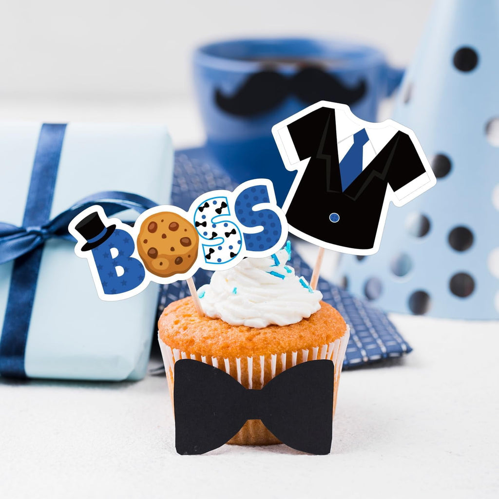 36Pcs Baby Boss Cupcake Toppers Blue & Black Little Boss Sign Cupcake Toppers Car Briefcase Boss Themed Cake Decorations for Boys Birthday Party Baby Shower Gender Reval Party Decor Supplies