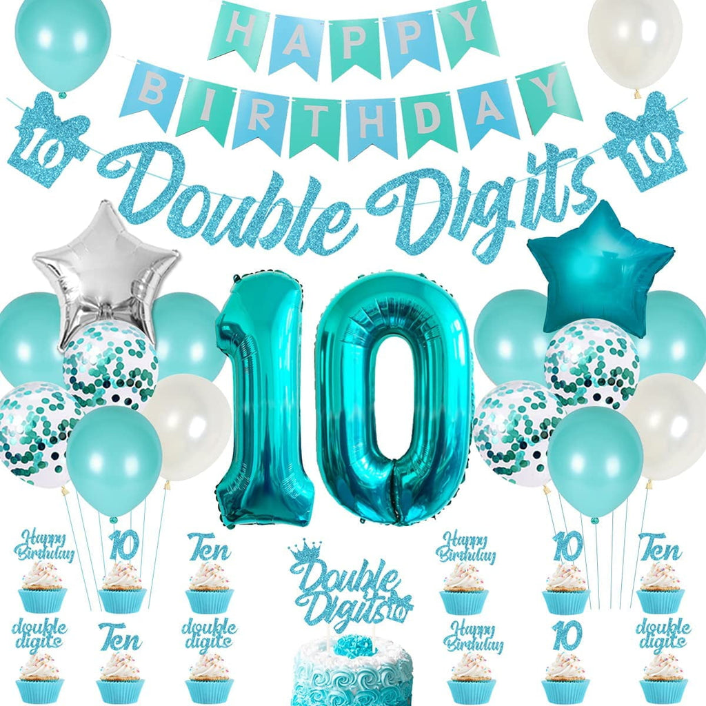Joymemo 10th Birthday Decorations for Girls Balloons and Cake Toppers, Teal and Turquoise s