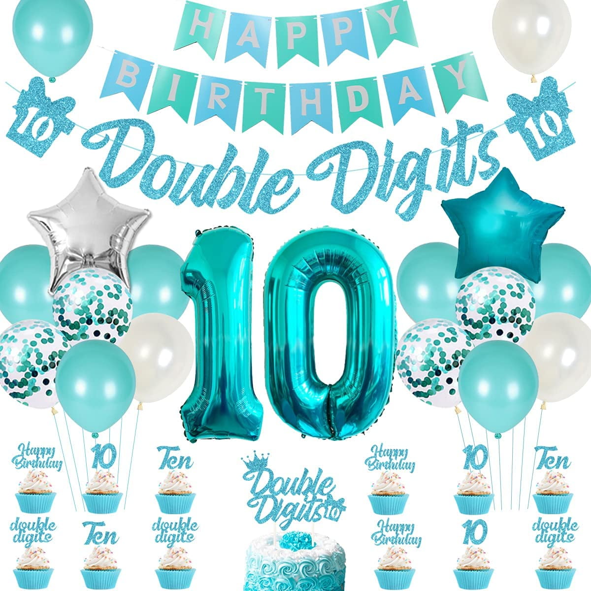 Joymemo 10th Birthday Decorations for Girls Balloons and Cake Toppers, Teal and Turquoise s