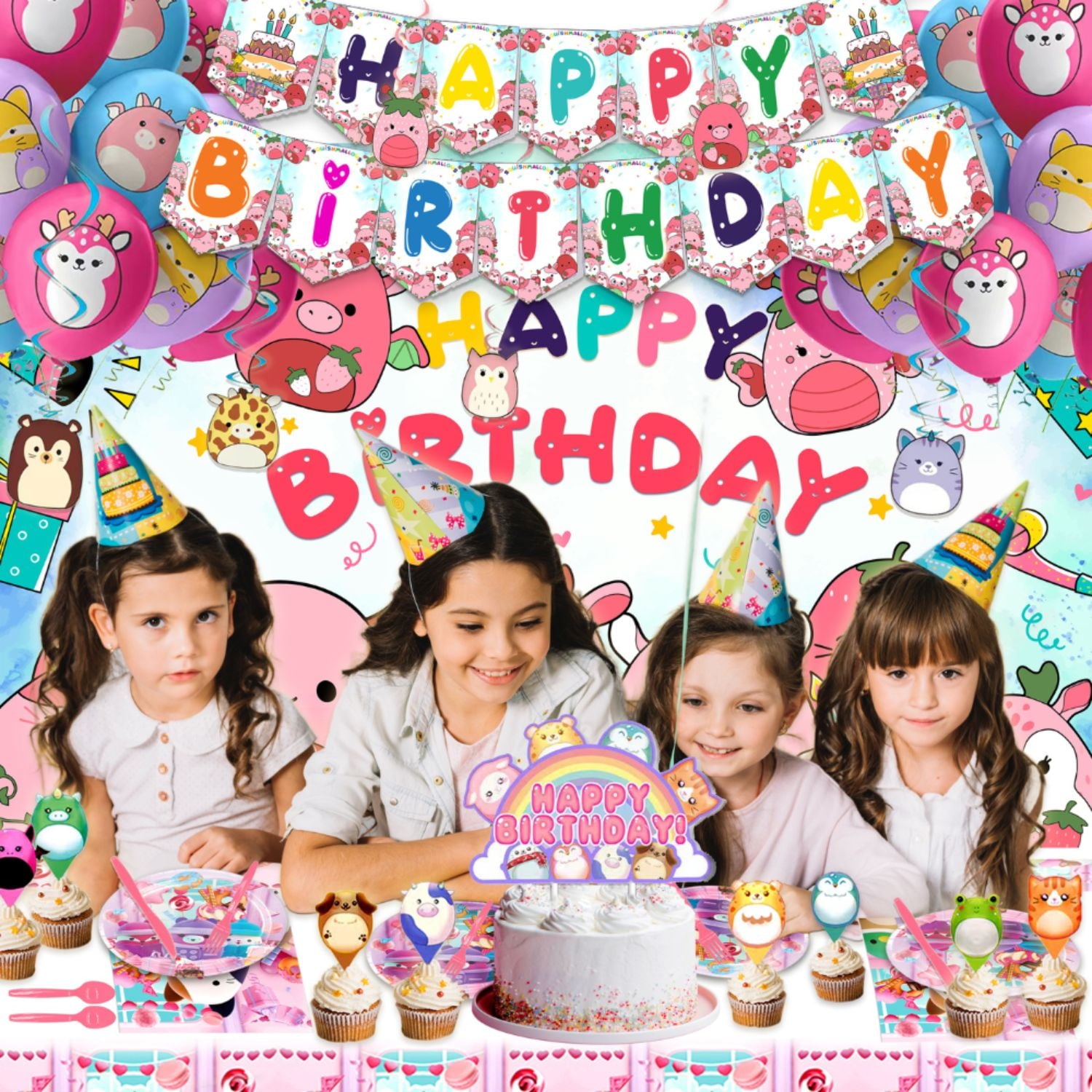 201 Pcs  Squishmallow Birthday Party Decoration, Squishmallow Party Supplies, Party Decorations for Kids Boys Girls Party Favor Include Birthday Banner, Balloons, Backdrop, Cake Topper, Sticker