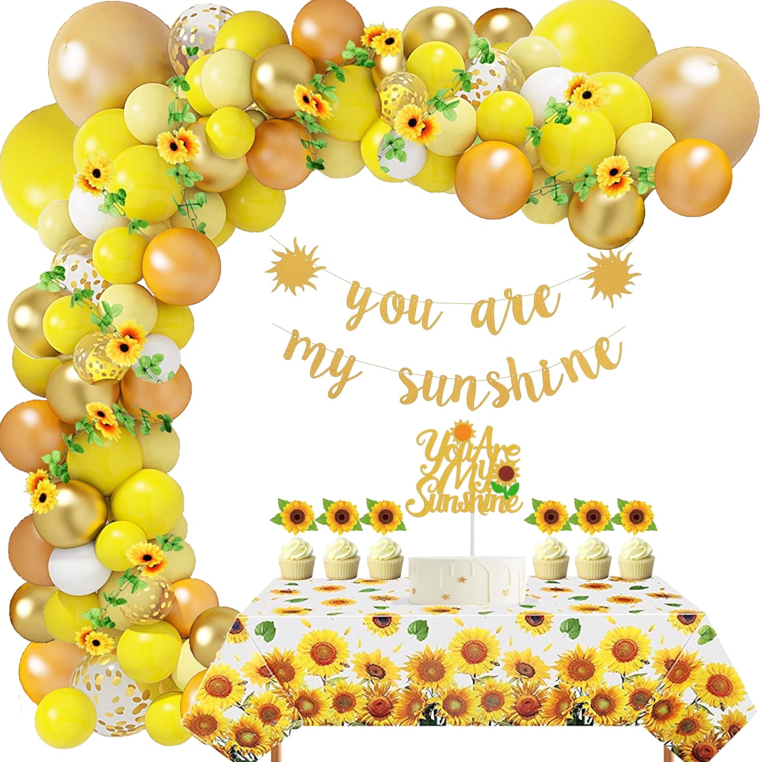 114 pcs Sunflower Balloon Garland Arch Kit With You Are My Sunshine Banner Cake Topper and Cupcake Topper For Baby Shower, Birthday Party Decoration Supplies