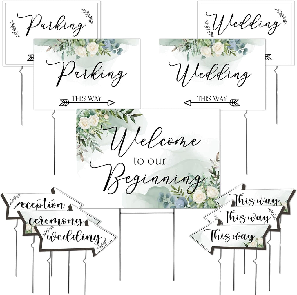 11Pcs Wedding Direction Arrow Signs, Welcome to Our Beginning Sign with H-Stakes 17×25 In, Double Sided Printed This Way Directional Ceremony Reception Parking Signs for Lawn/Yard Decorations White