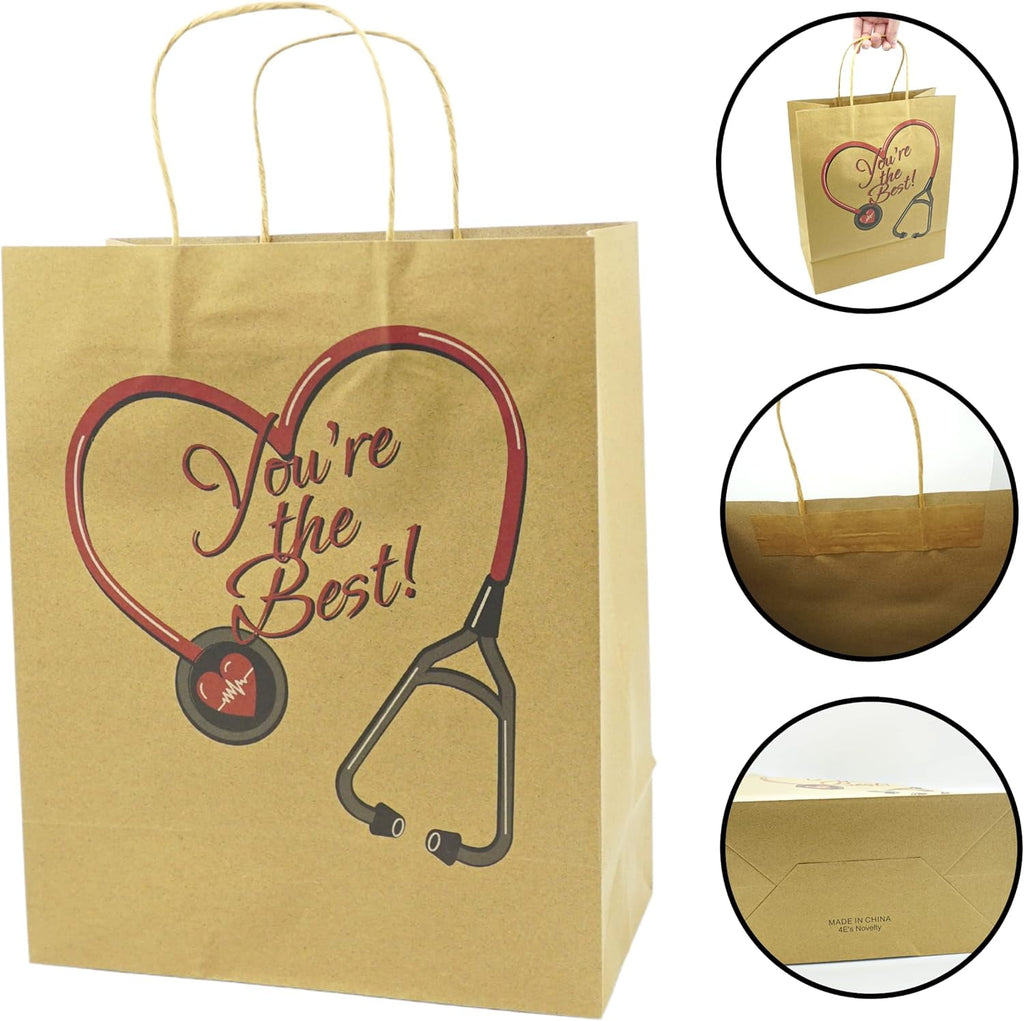 4E's Novelty Nurse Gift Bags 12-Pack, Kraft Paper for Appreciation