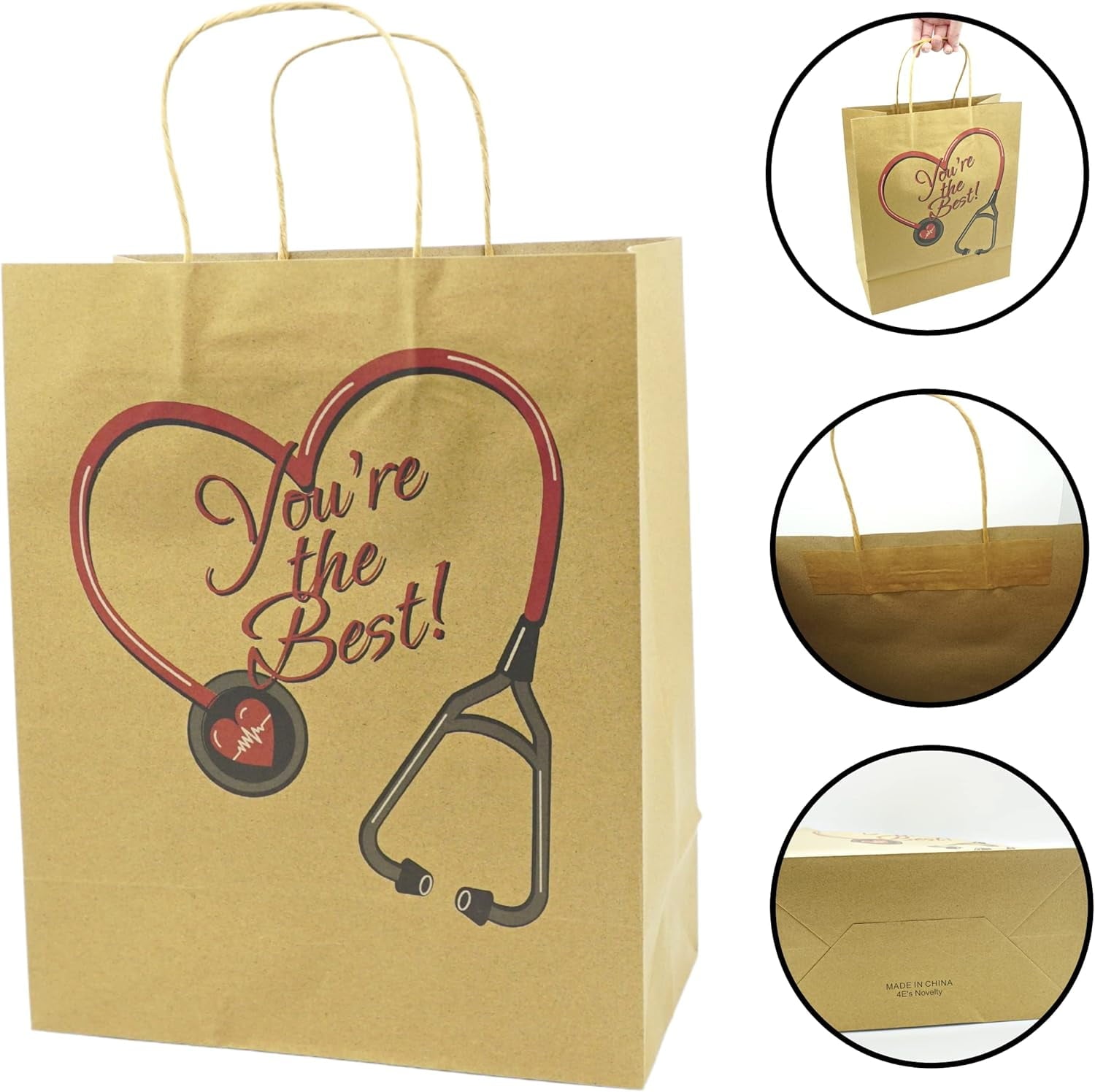 4E's Novelty Nurse Gift Bags 12-Pack, Kraft Paper for Appreciation