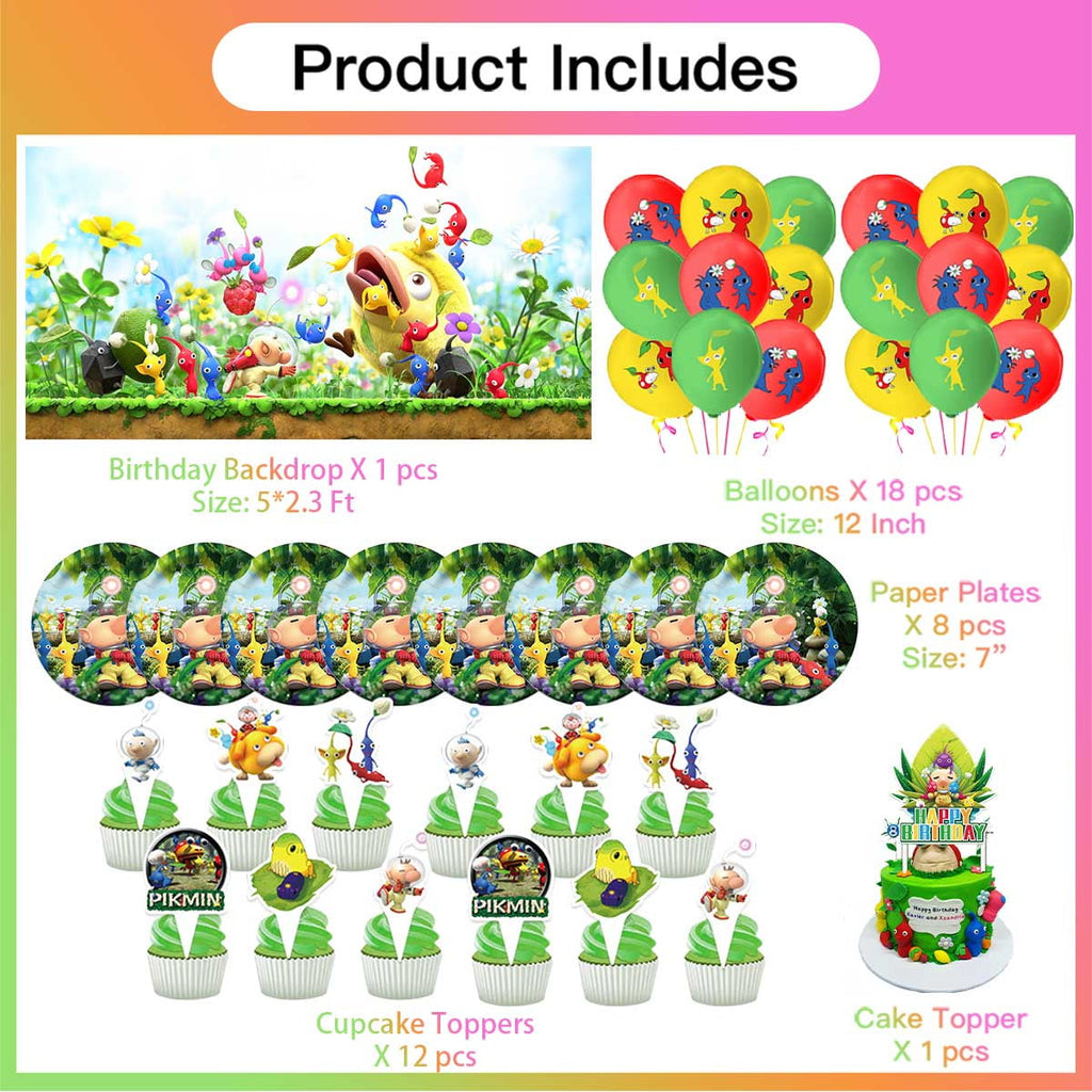Pikmin Party Supplies Balloons Tableware Birthday Decorations Plates Banner Cake Topper Backdrop
