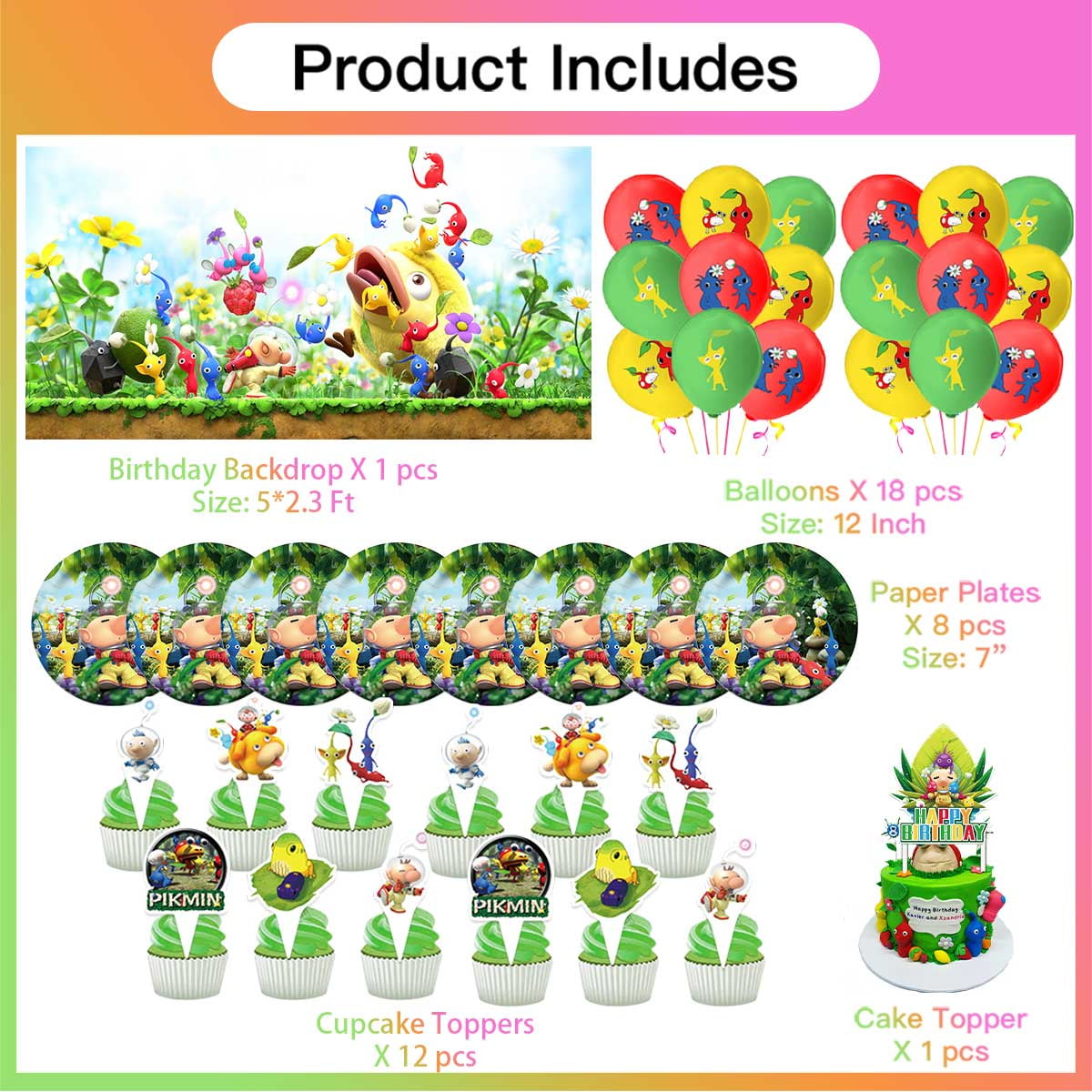 Pikmin Party Supplies Balloons Tableware Birthday Decorations Plates Banner Cake Topper Backdrop