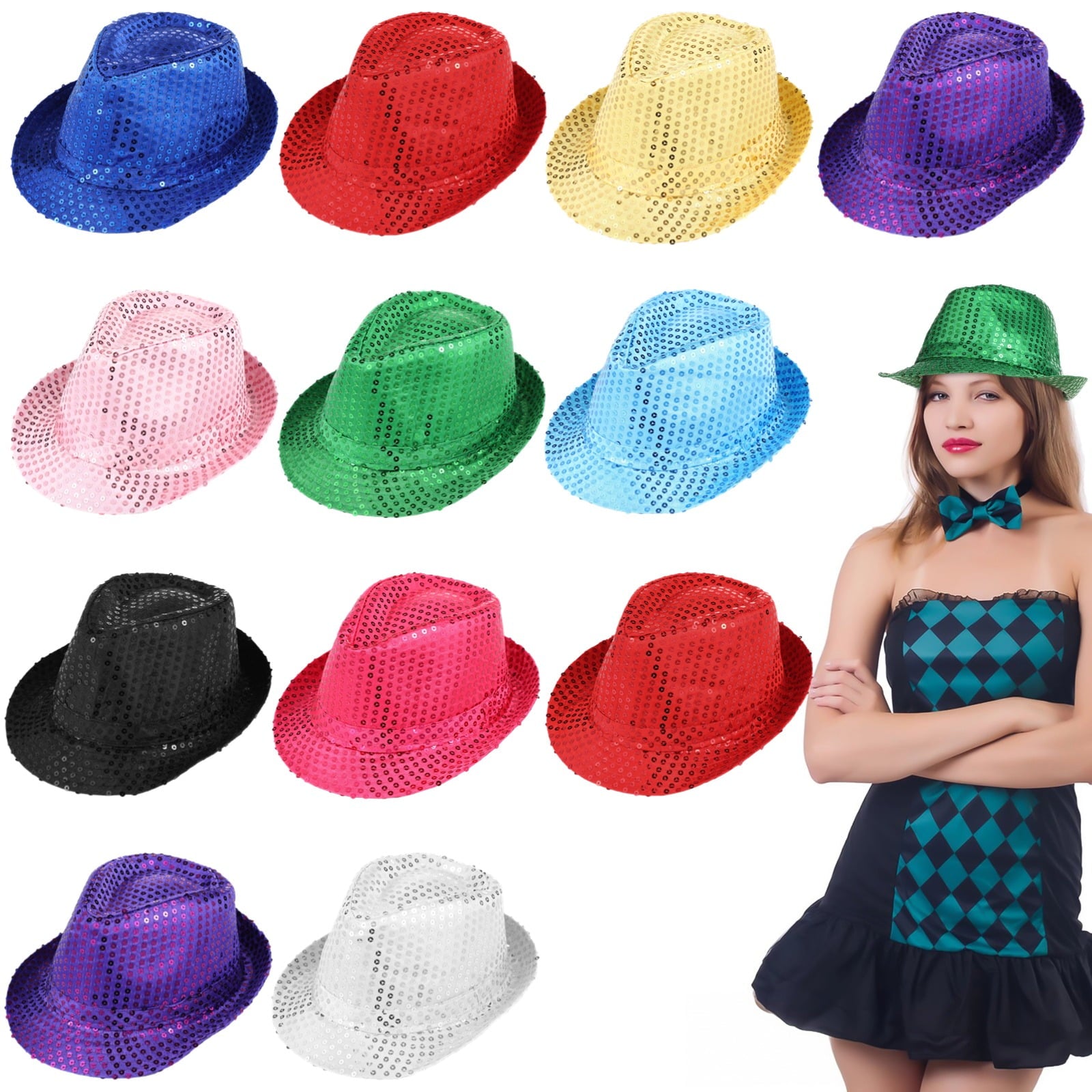 12 Pcs Sequin Hats, Western Glitter Hats, Retro Bling Disco Hats, Unisex Dance Hats for Adults and Little Ones, Shiny Fedora Party Caps for Magic Shows, Parties, Celebrations