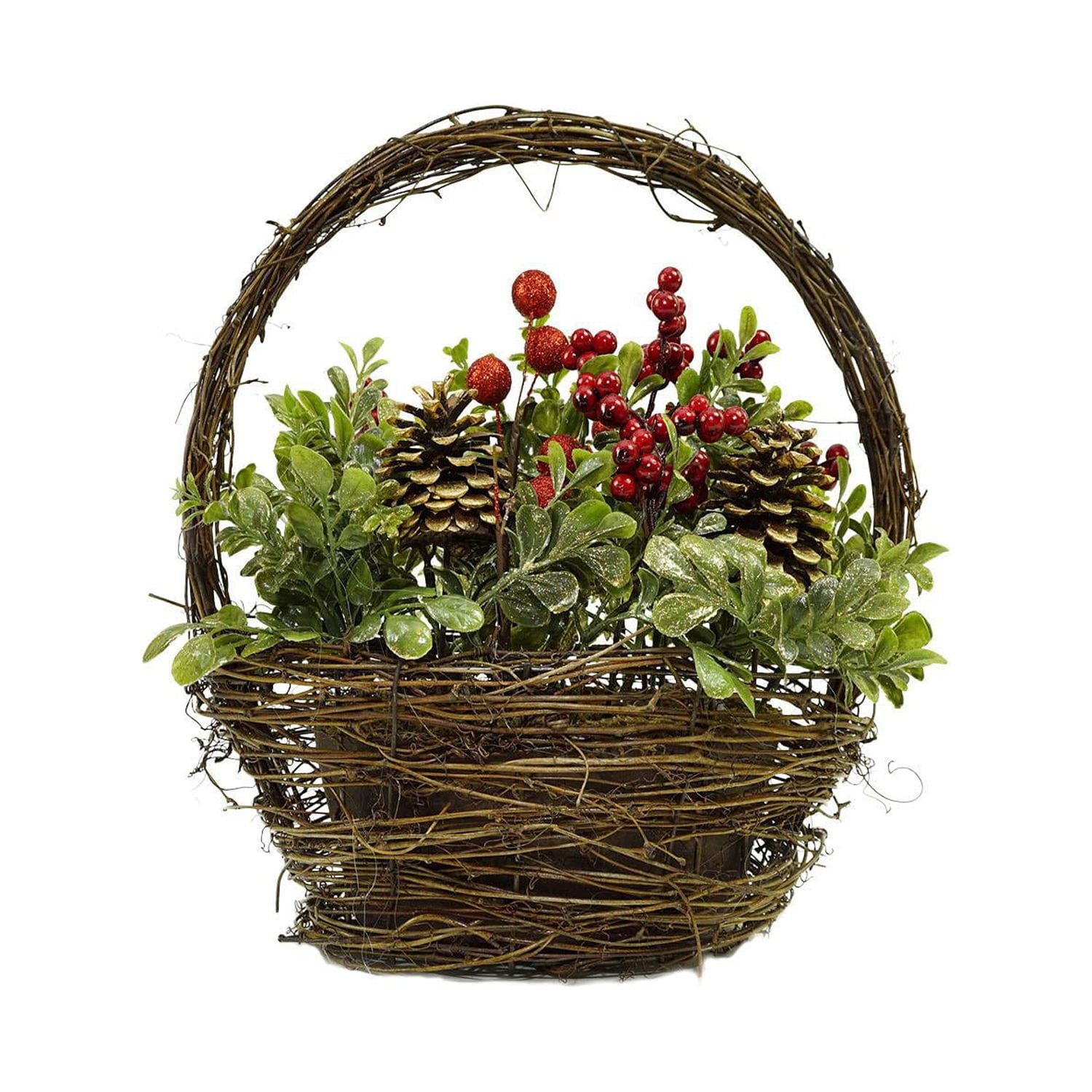 12" Pine Cones Berries and Boxwood in Twig Basket Christmas Tabletop Decoration