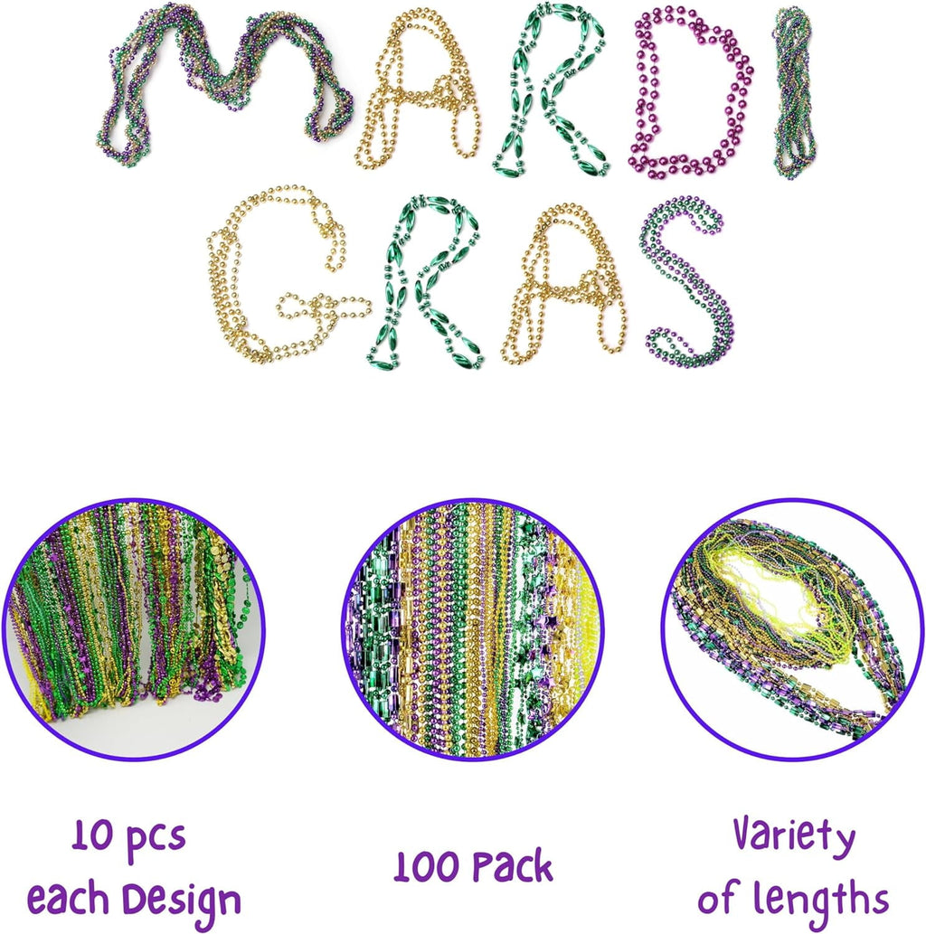 4E's Novelty Mardi Gras Bead Assortment (100 Pcs), Purple Green Gold, Metallic Necklaces