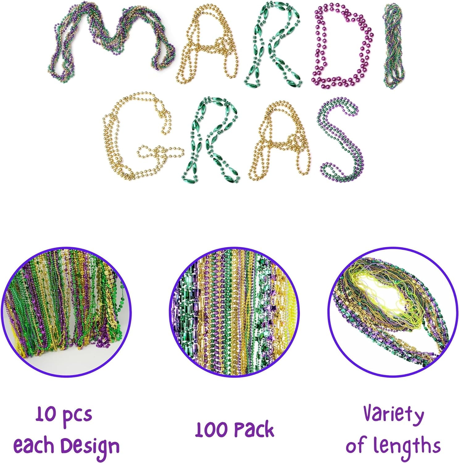 4E's Novelty Mardi Gras Bead Assortment (100 Pcs), Purple Green Gold, Metallic Necklaces