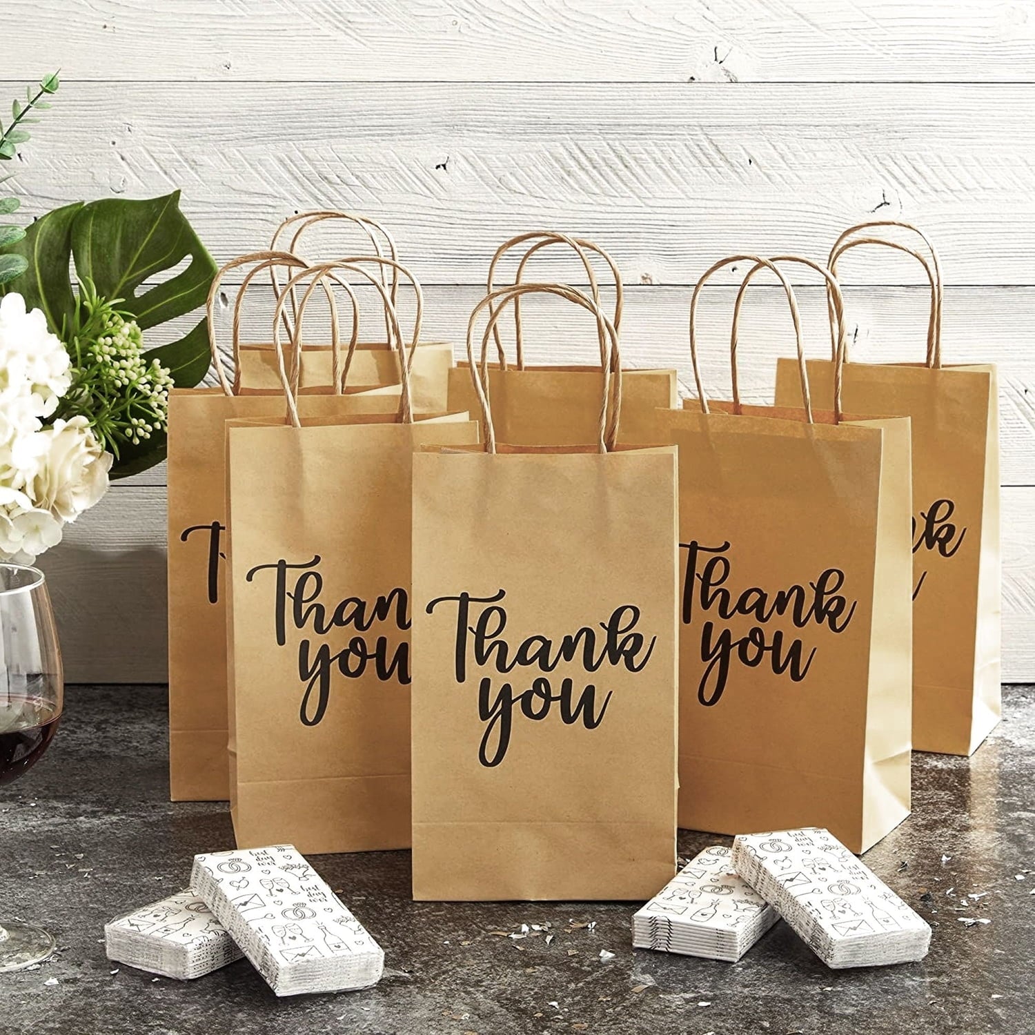 100-Pack Small Thank You Gift Bags with Handles, Brown Kraft Paper Bulk Bags for Weddings, Birthday Party Favors, Gift Wrapping, Retail Small Businesses (9x5.3x3 in)
