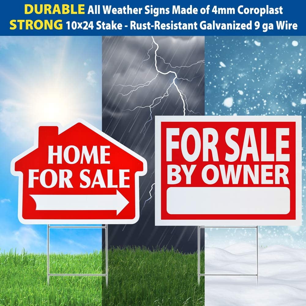 Home for Sale by Owner Yard Sign Combo Kit - Includes Directional Home for Sale Signage, & Heavy Duty Yard Stakes (for Sale by Owner Kit, with 3 House Shaped Directional Signs)