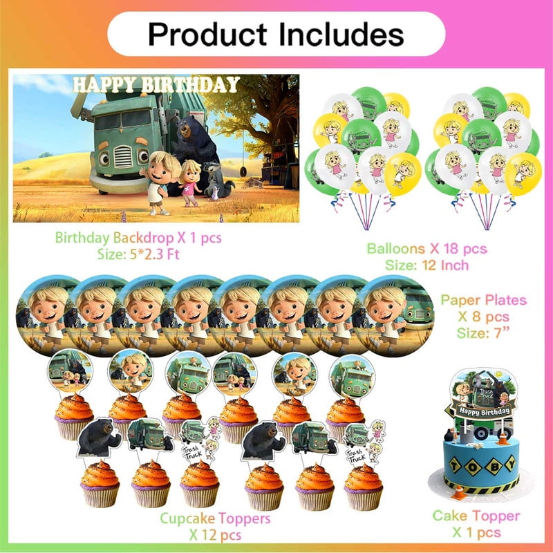 Trash Truck Balloons Plates Party Supplies Decoration Birthday Cake Topper Decor Banner Backdrop Tableware