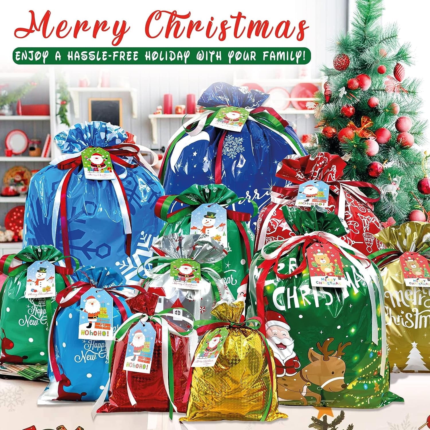 Gxrteck 45Pcs Christmas Gift Bags, Assorted Sizes for Holiday Presents, Drawstring Christmas Bags Small Medium Large for Gift Wrapping, Xmas Gift Bags with Tags Ribbon Ties, Christmas Party Supplies