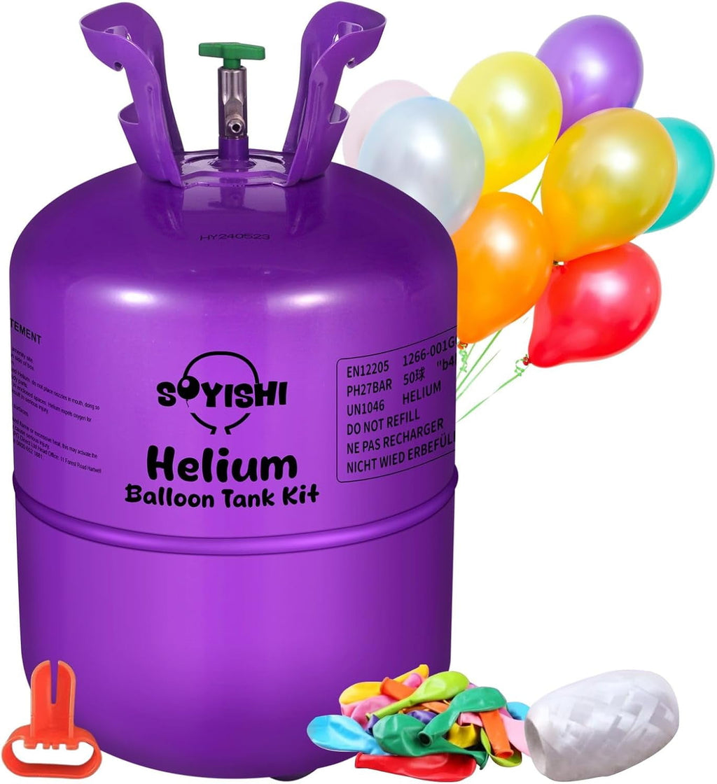 13.4L Helium Tank for Balloons at Home Balloon Pump Kit Up to 50 Assorted Latex Balloons White Curling Ribbon and Balloon Tie Tool (1 Tank)