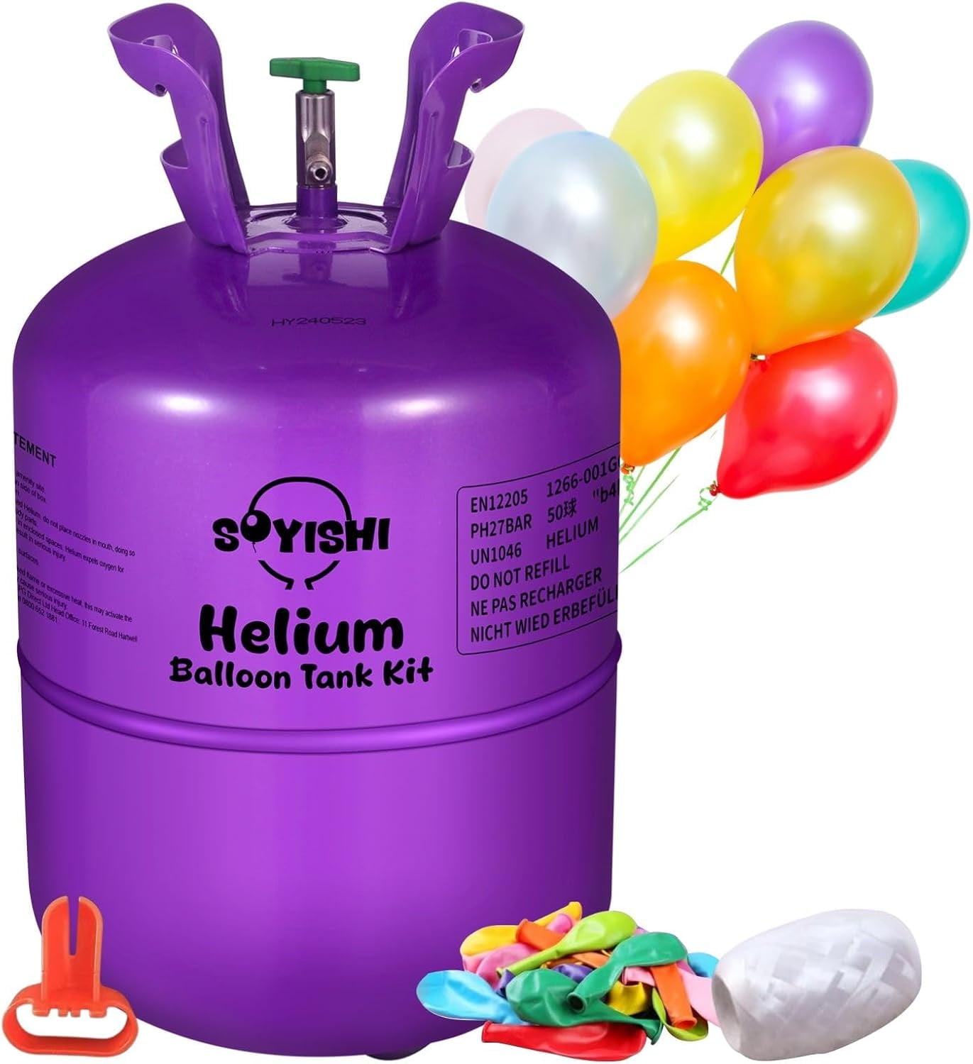 13.4L Helium Tank for Balloons at Home Balloon Pump Kit Up to 50 Assorted Latex Balloons White Curling Ribbon and Balloon Tie Tool (1 Tank)