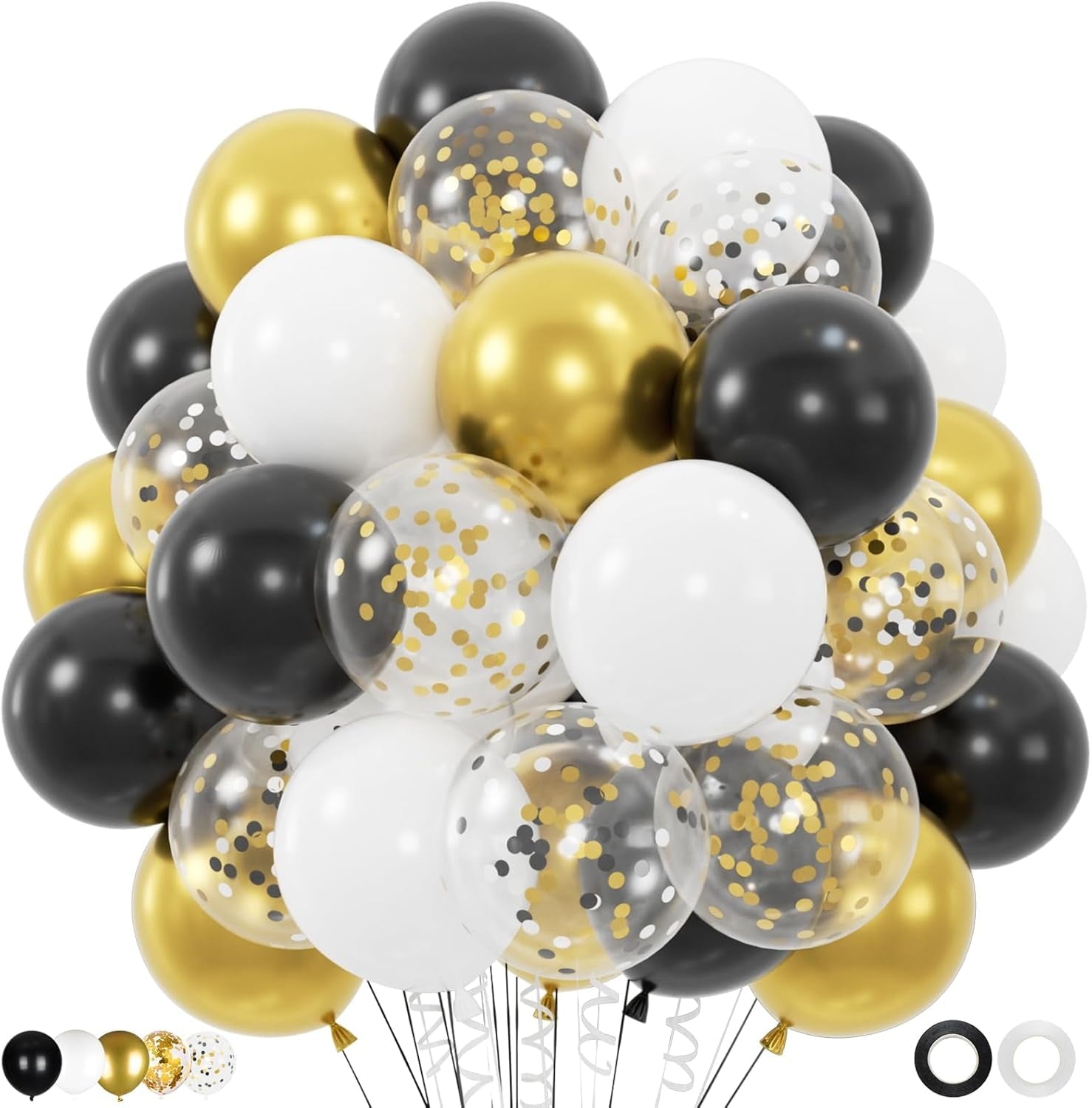 130pcs Black Gold And White Balloons With 12inch Metallic Gold And Black Confetti Balloons For Class Of Graduation, 30th 40th 50th Birthday Party Decoration (with 2 Ribbons)
