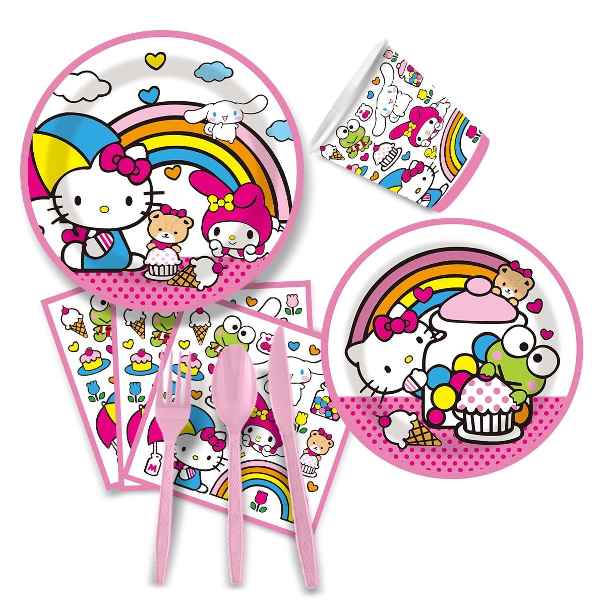 HELLO-KITTY 82/92 PCS Party Supplies, Party Tableware, Disposable Paper Plates- Napkins-Forks Dinnerware Set