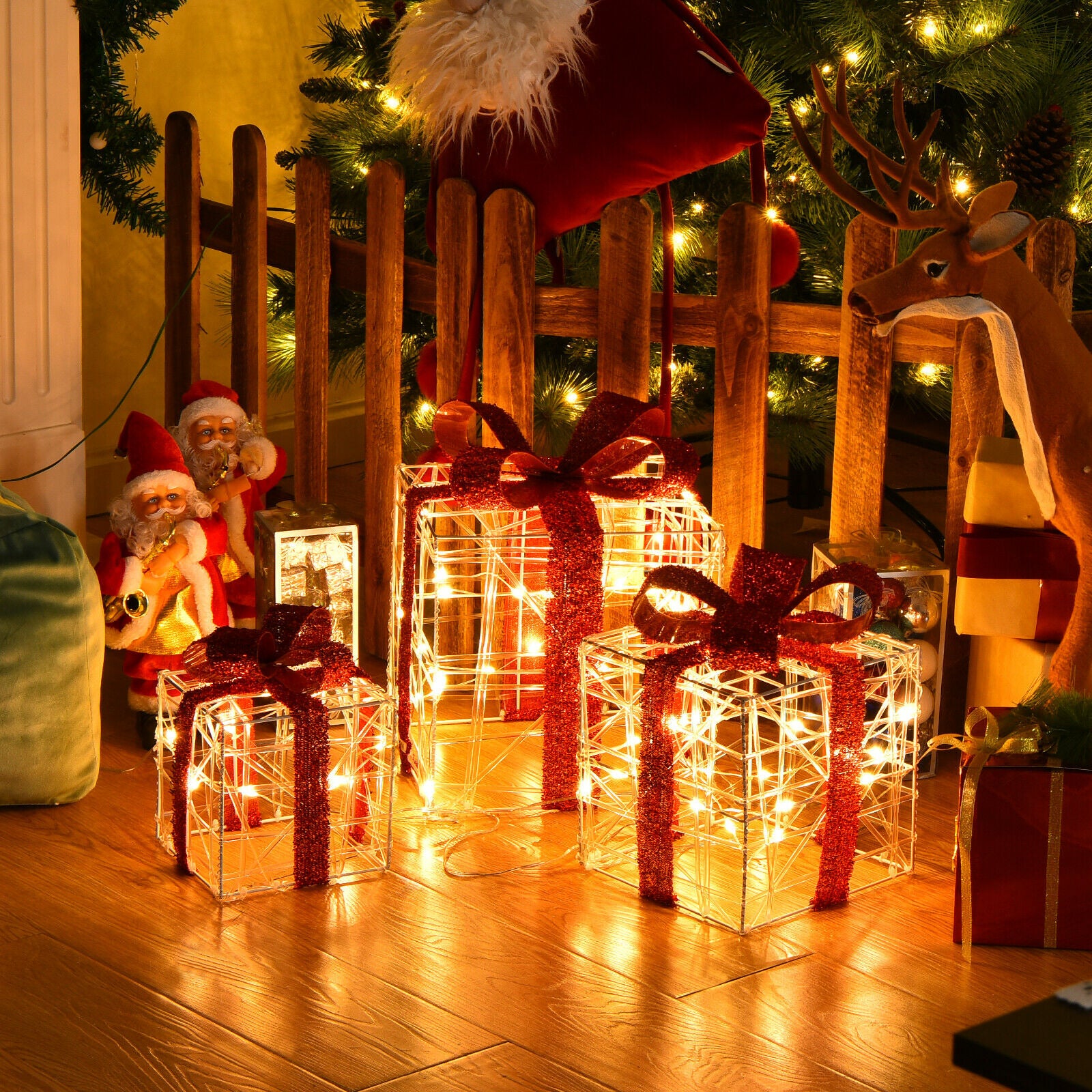 Topbuy 3 PCS Christmas Gift Boxes Indoor Outdoor W/ 60 LED Lights, Waterproof Plug