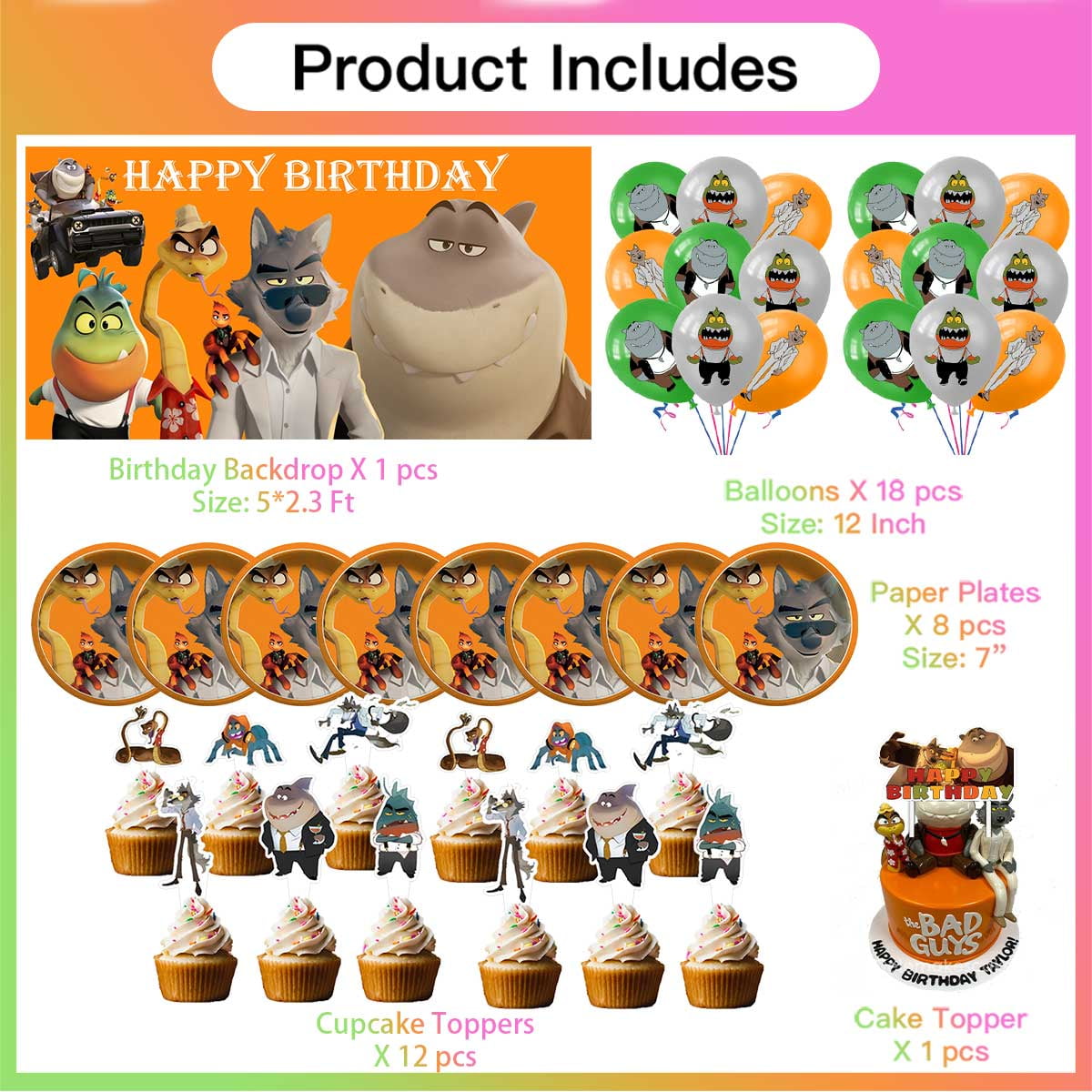 Bad Guys Party Supplies Decor Backdrop Cake Topper Plates Balloons Banner Decorations Tableware
