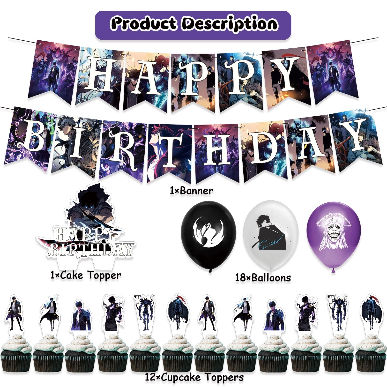 32 Pcs For Solo Leveling Theme Birthday Party Decorations,With 1 Happy Birthday Banner Garland,13 Cupcake Toppers,18 Balloons for Children Party Decorations