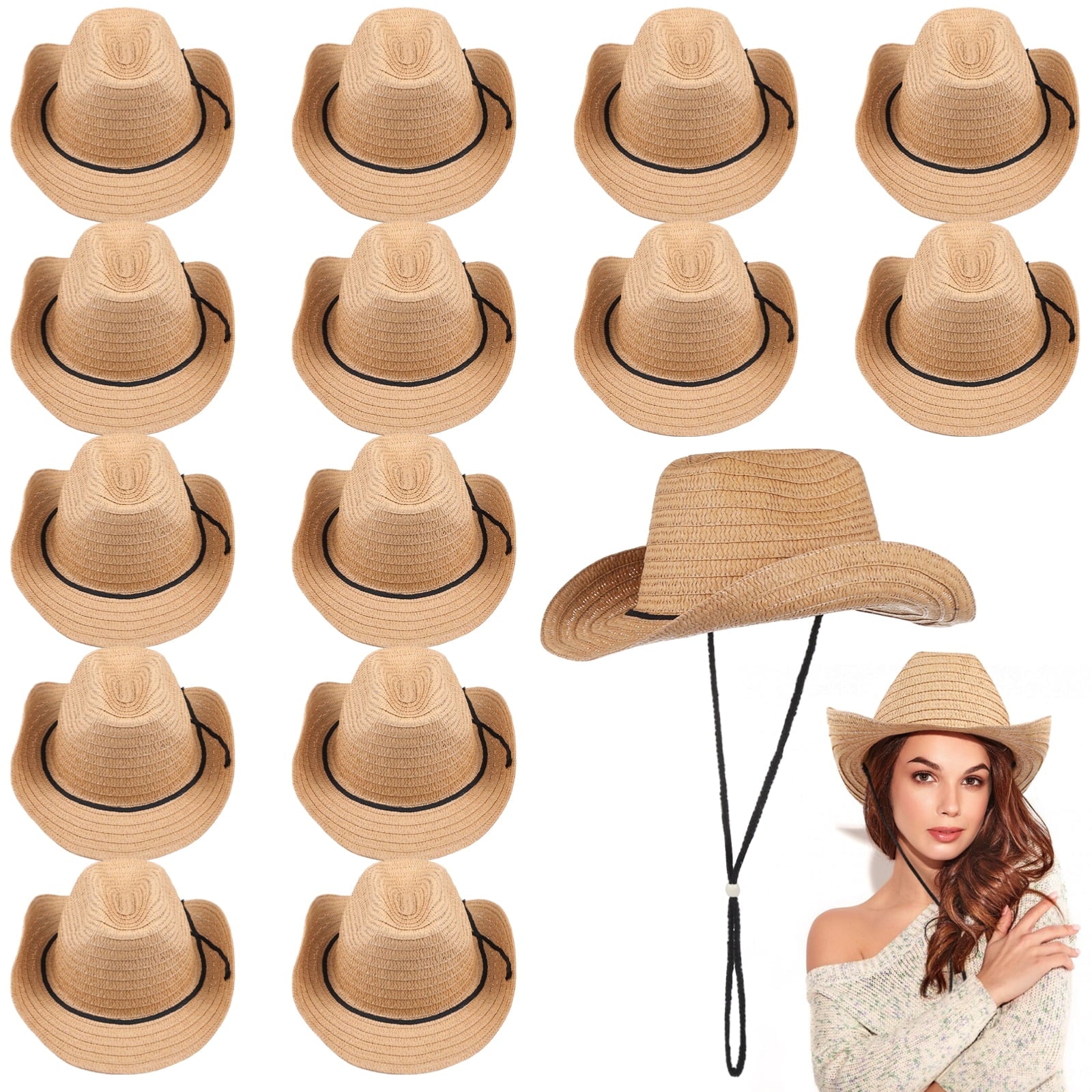 15 Pcs Straw Cowboy Hats, Western Wide Brim Hats for Men & Women, Unisex Cowgirl Hats, Sun Hats with Adjustable Chin Strap for Outdoor Activities, Themed Parties